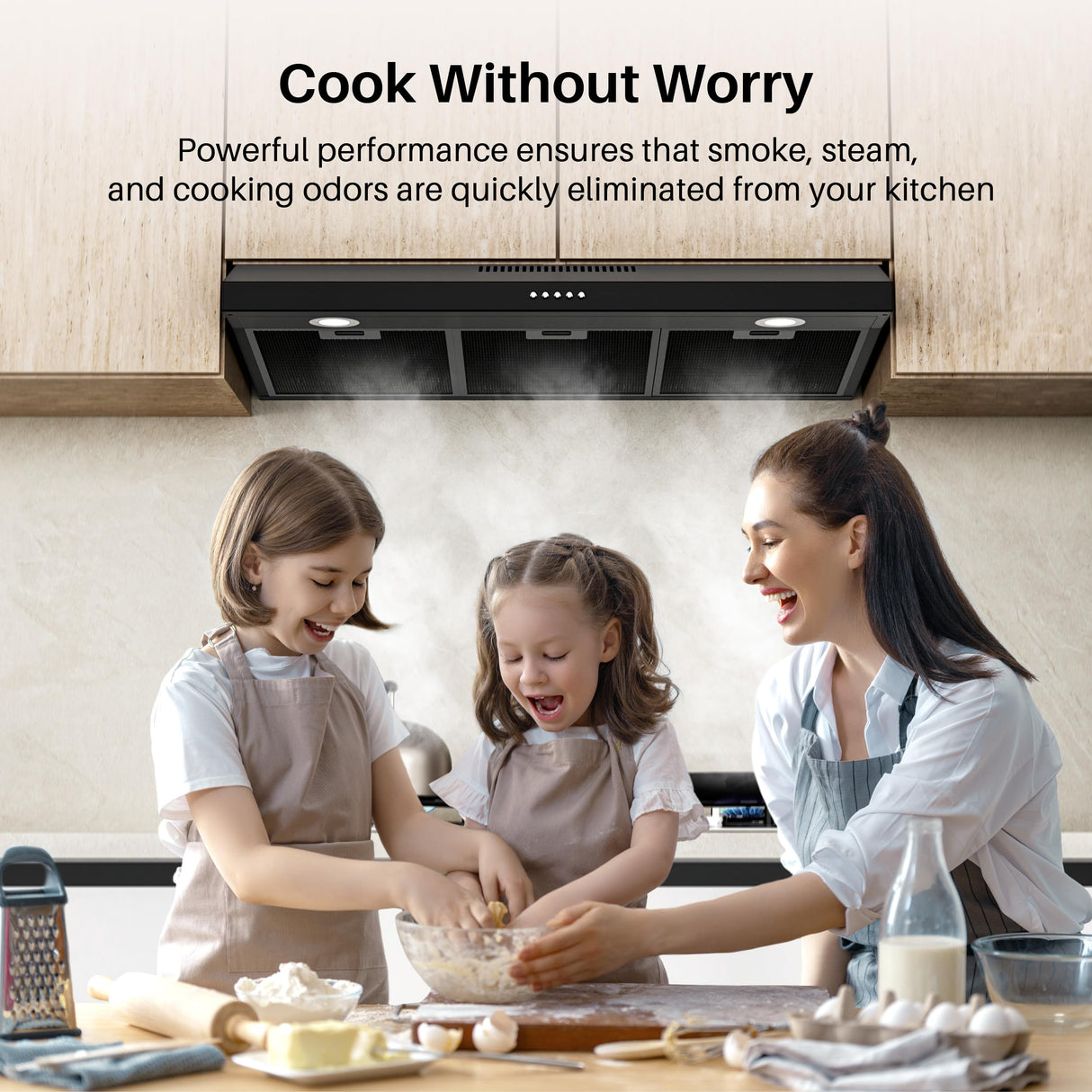 FIREGAS Black Under Cabinet Range Hood 36 Inch, Ducted/Ductless Convertible Kitchen Hood with 3 Speed Exhaust Fan, 300 CFM, LED Lights, Brushlesss DC Motor Vent Hood for Kitchen FIREGAS