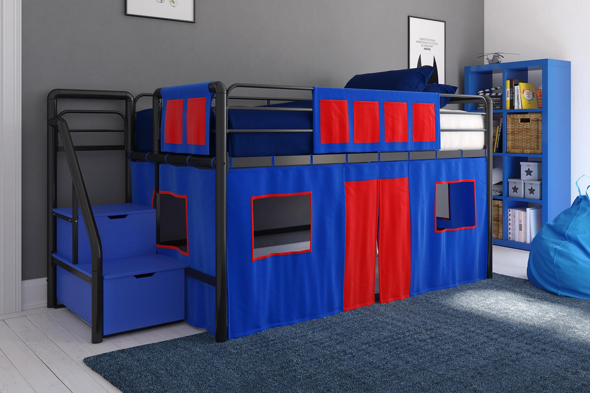 DHP Curtain Set for Kid's Loft Bed, Washable and Removable, Blue and Red DHP