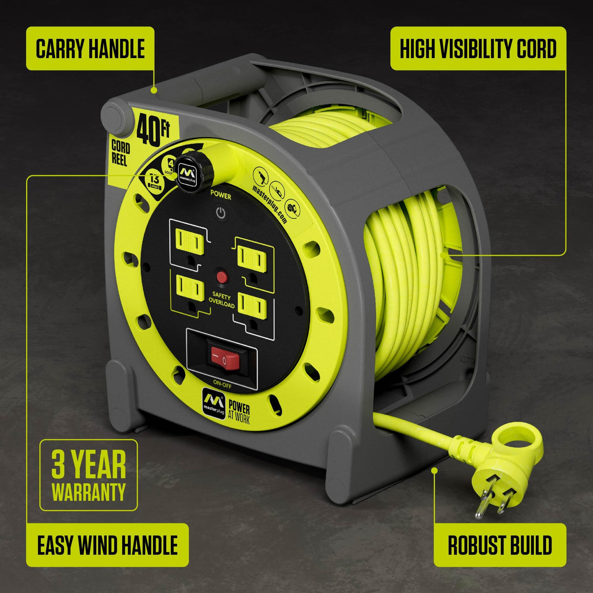 Masterplug 40ft Case Cord Reel, Retractable Extension Lead with Winding Handle, Safety Overload Circuit Breaker and Power Switch, 4x Grounded Outlets, 13amps, 14AWG Cable Masterplug