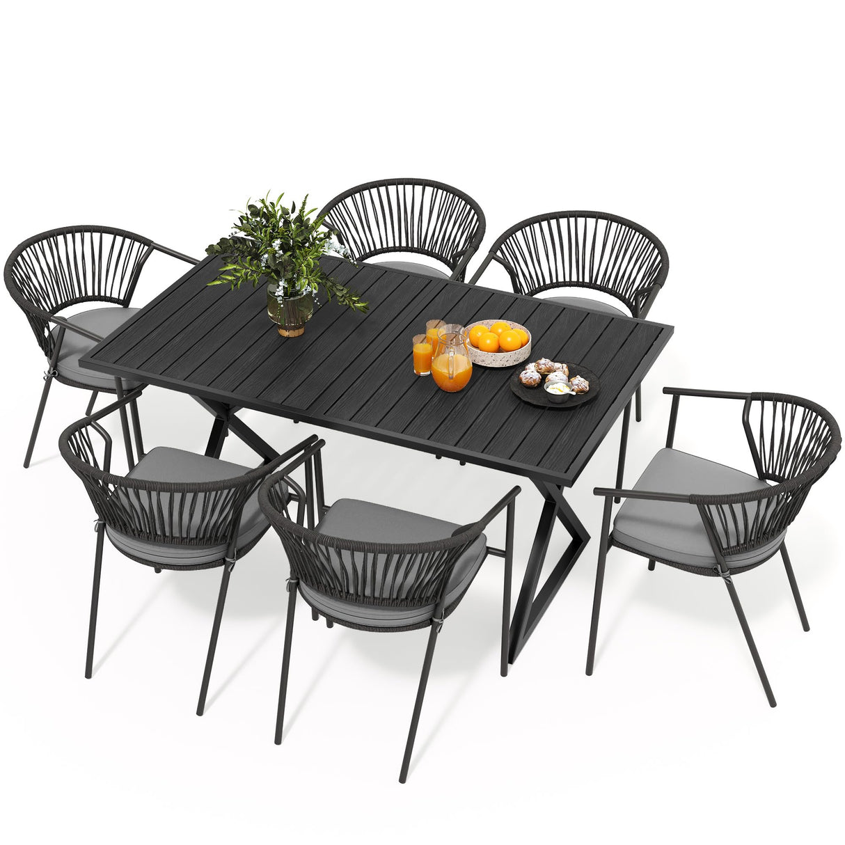 YITAHOME 7 Piece Patio Dining Set, Stackable Chairs with Comfortable Cushions, 59" Rectangle Tables with Metal Frame and Faux Wood Tabletop for Patio Balcony Porch Poolside Lawn Garden, Black YITAHOME