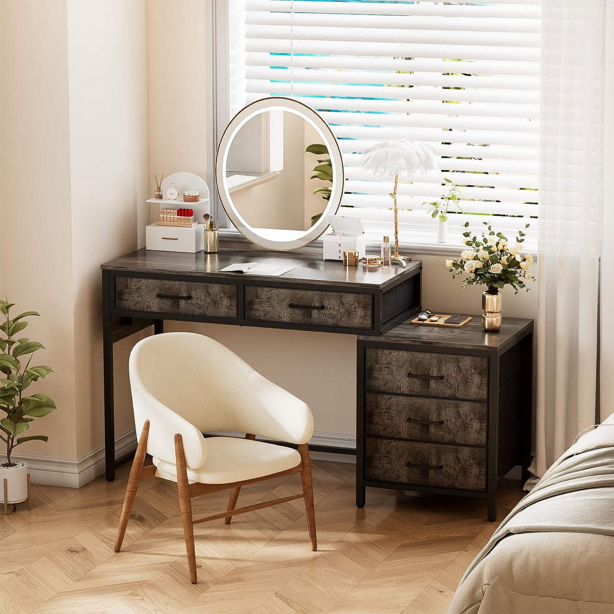 Unikito Computer Desk with 5 Drawers, Reversible Home Office Desk with Power Outlets, Sturdy Writing Desk with File Cabinet and Printer Stand, Vanity Desk with Storage for Small Space, Black Oak Unikito