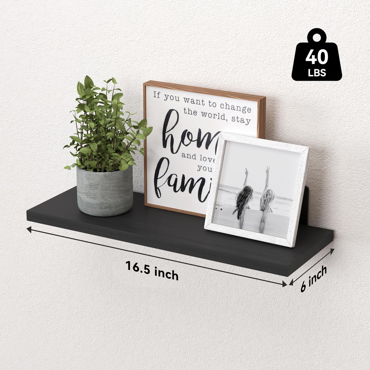 WOPITUES Wood Floating Shelves Set of 6, Shelves for Wall Decor, Farmhouse Shelf for Bedroom, Bathroom Storage Shelves, Book Shelves for Living Room-Black WOPITUES