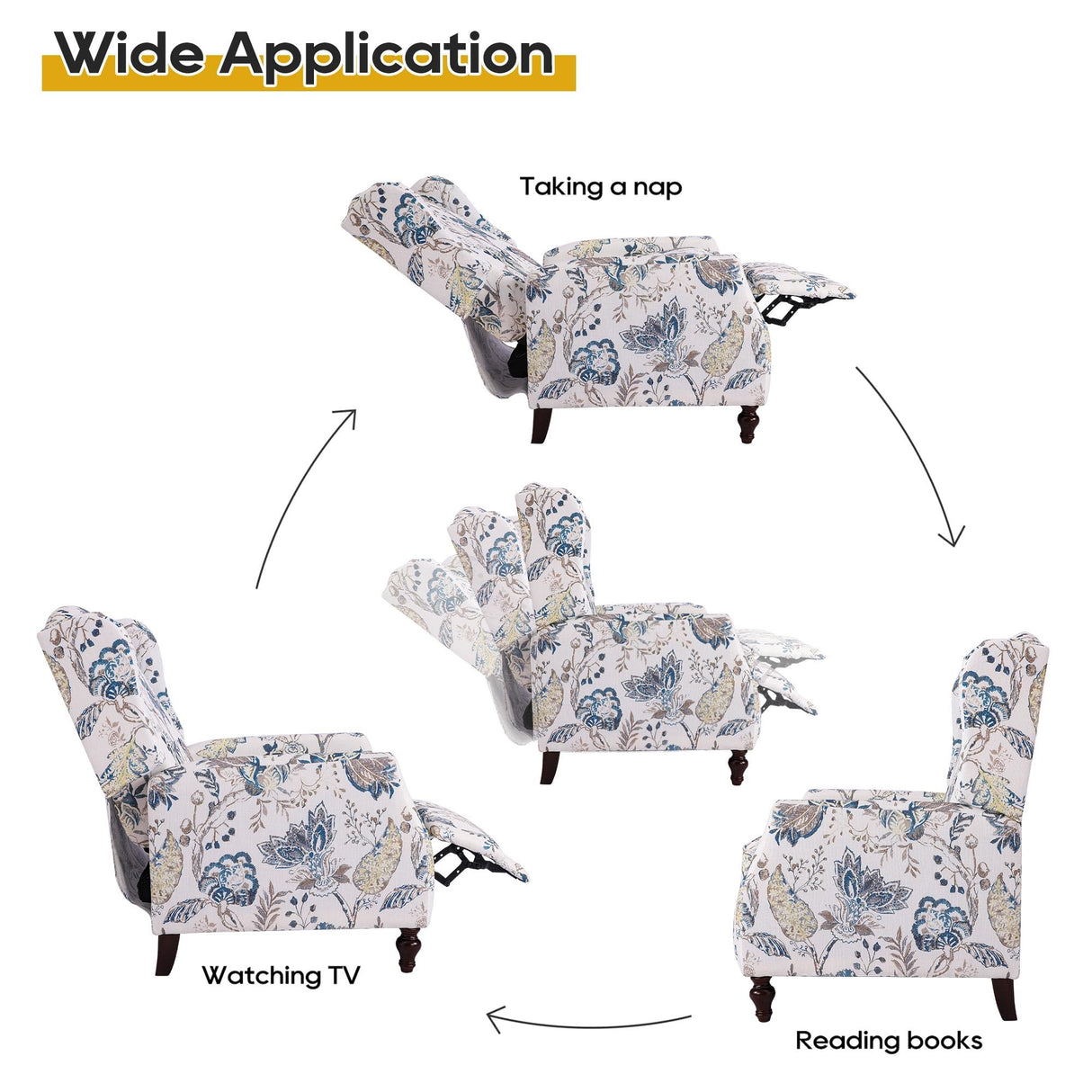 GUEAPY Mid Century Modern Wingback Recliner Chair for Adults, Push Back Upholstered Accent Chair with Floral Fabric, Manual Reclining Armchair for Living Room, Bedroom, Reading Corner (Blue Botanical) GUEAPY