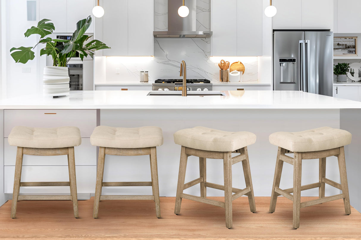 RNKSFX Counter Height Bar Stools Set of 3 for Kitchen Counter Farmhouse Modern Barstools with Upholstered Fabric Backless Seat and Solid Wood Legs 24 inch Bar Chairs, Khaki + Wood Color RNKSFX