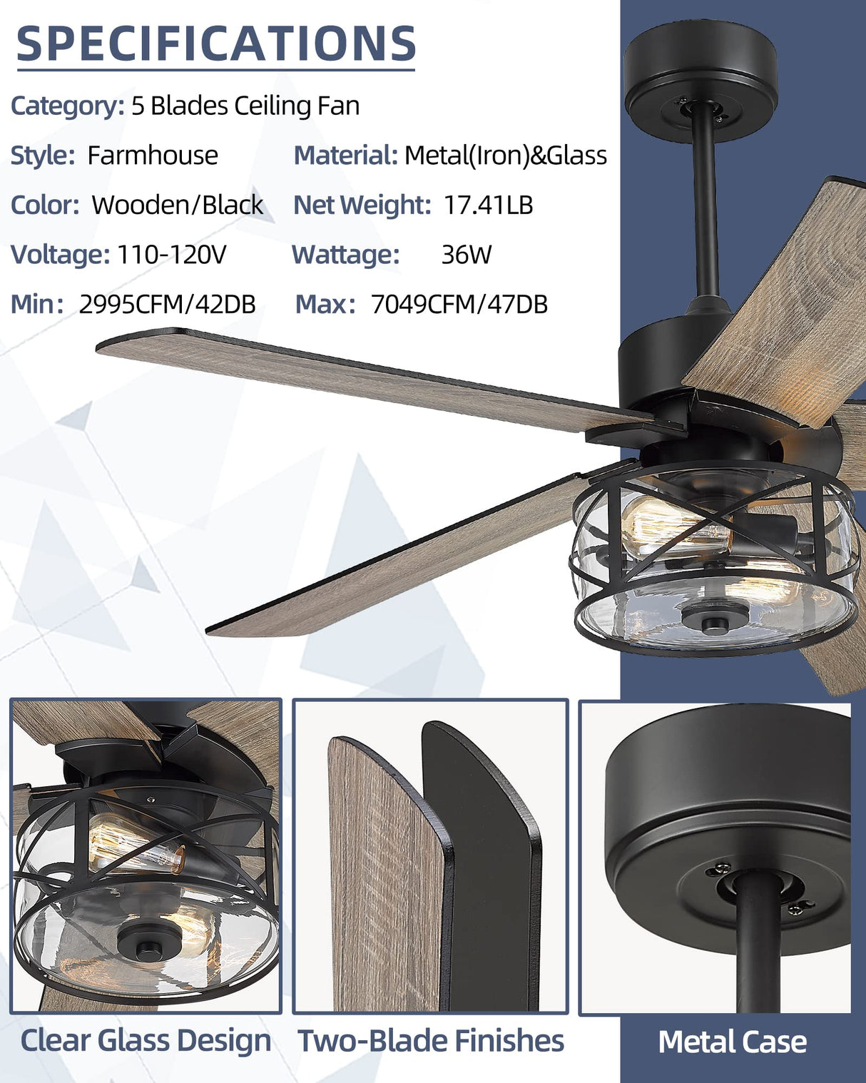 YOUKAIN Farmhouse Ceiling Fans, 48 Inch Industrial Ceiling Fan with Light and Remote Control, Clear Glass, 5-Reversible Blades with Matte Black/Wooden Finish, 52-YJ632 YOUKAIN