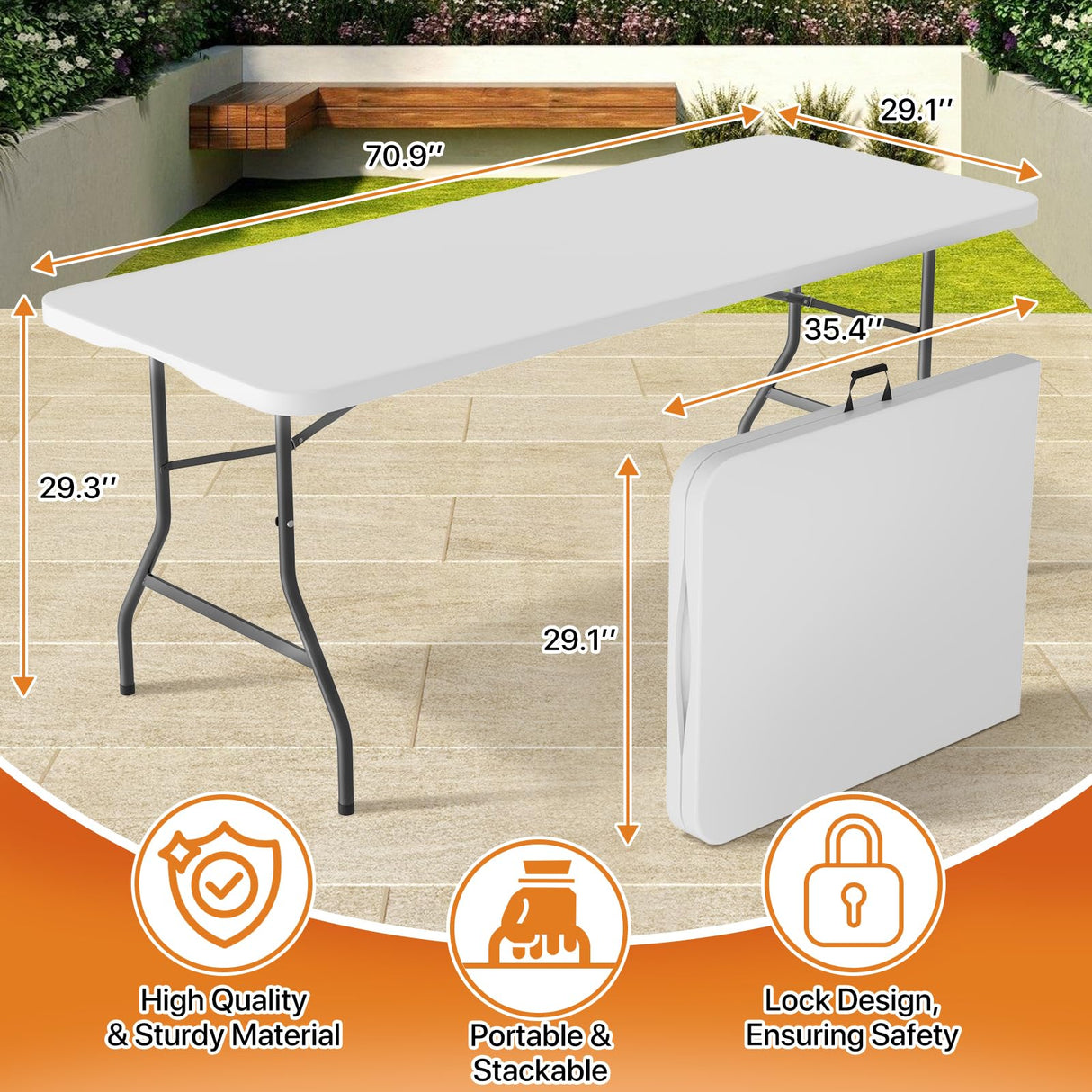 Folding Table 6 Foot Indoor Outdoor Heavy Duty Plastic Portable Fold Up Table Utility Camping Dining Party Table, Easy to Assemble, White Dkeli