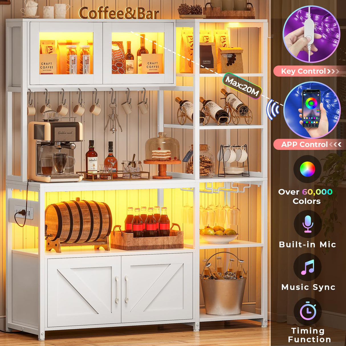 Itaar Bakers Rack with Power Outlet and LED Light, 45.3 Inch Farmhouse Coffee Bar Cabinet, Kitchen Microwave Stand with Storage, Glass Cabinet, Goblet Holder and 8 Hooks (White) Itaar