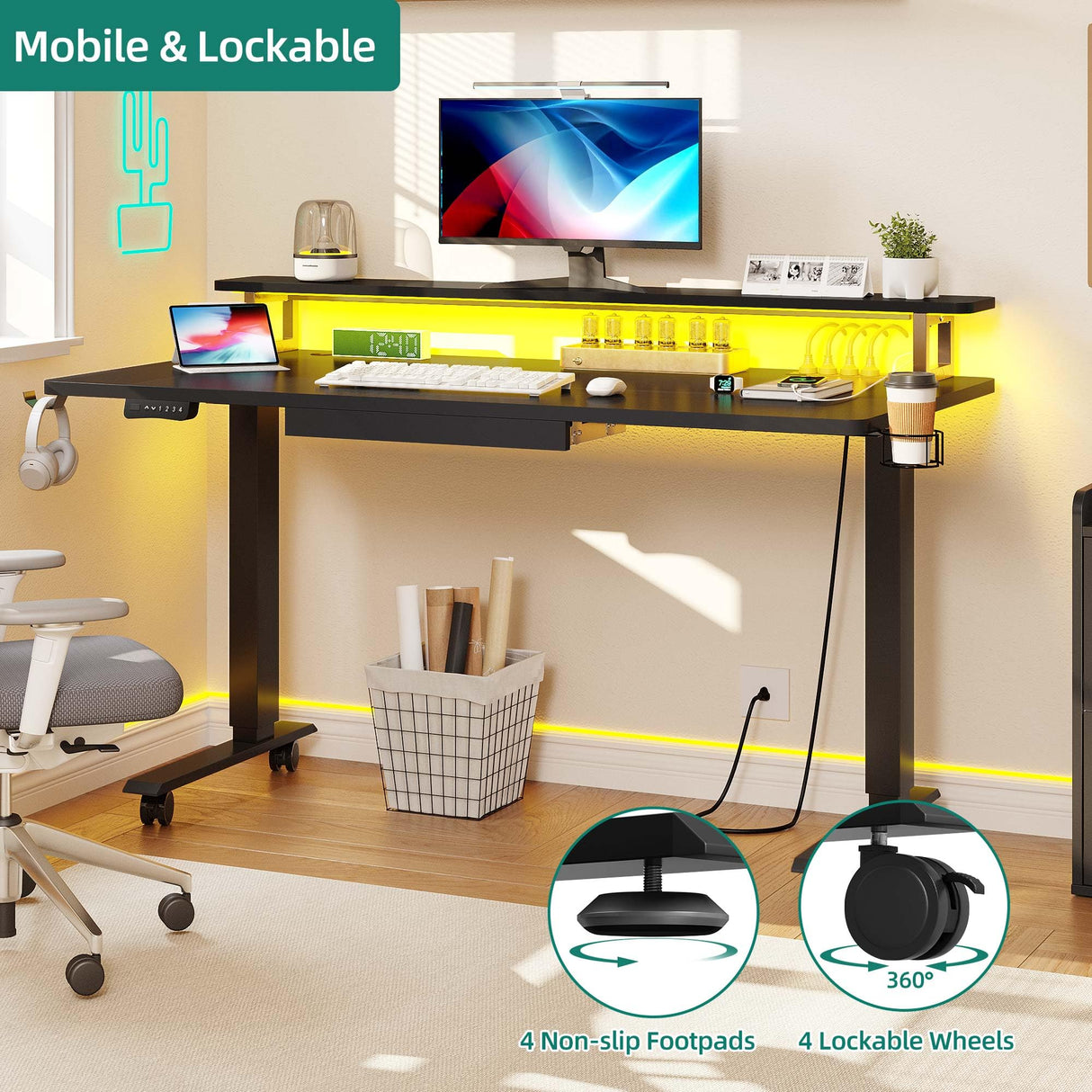 YITAHOME Electric Standing Desk with Drawer, 55" Standing Desk Adjustable Height Sit Stand Up Desk with Power Outlets & LED Lights, Home Office Desk with Memory Preset, Black YITAHOME