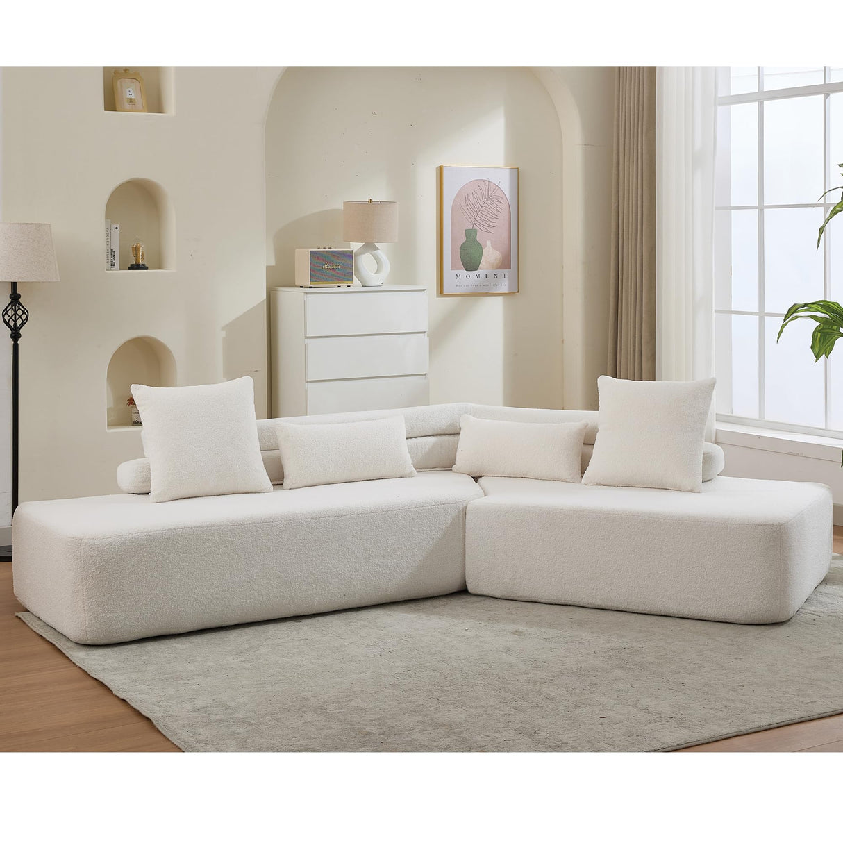 KEIKI 128" Oversized Modular Boucle Sectional Cloud Sofa with 4 Pillows, Upholstered Modern Minimalist Style 4-Seater Corner Couch, No Assembly Required, for Apartment, Living Room, Bedroom, Beige KEIKI