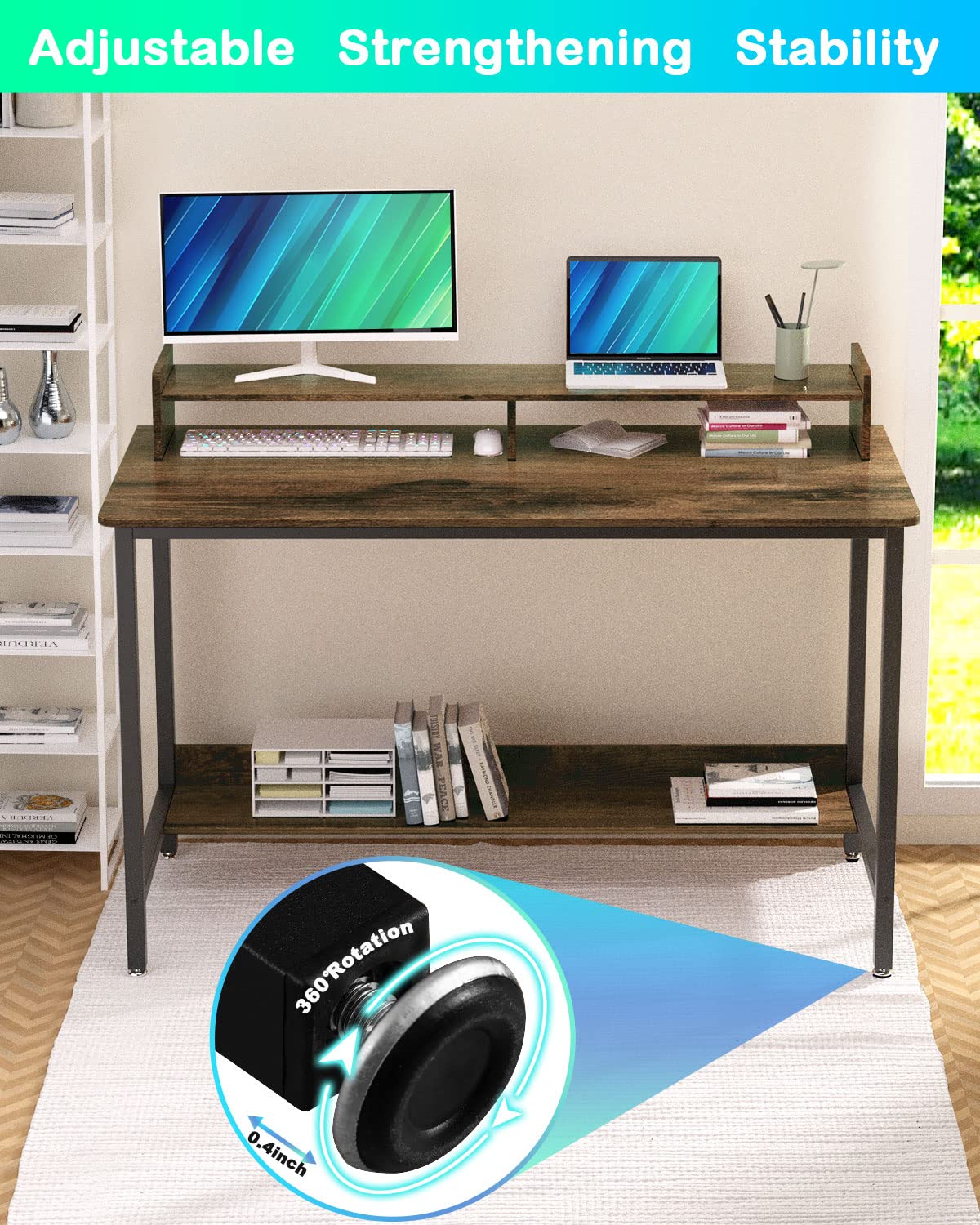 WOODYNLUX 43 Inch Rustic Computer Desk with Shelves for Home Office and Gaming WOODYNLUX