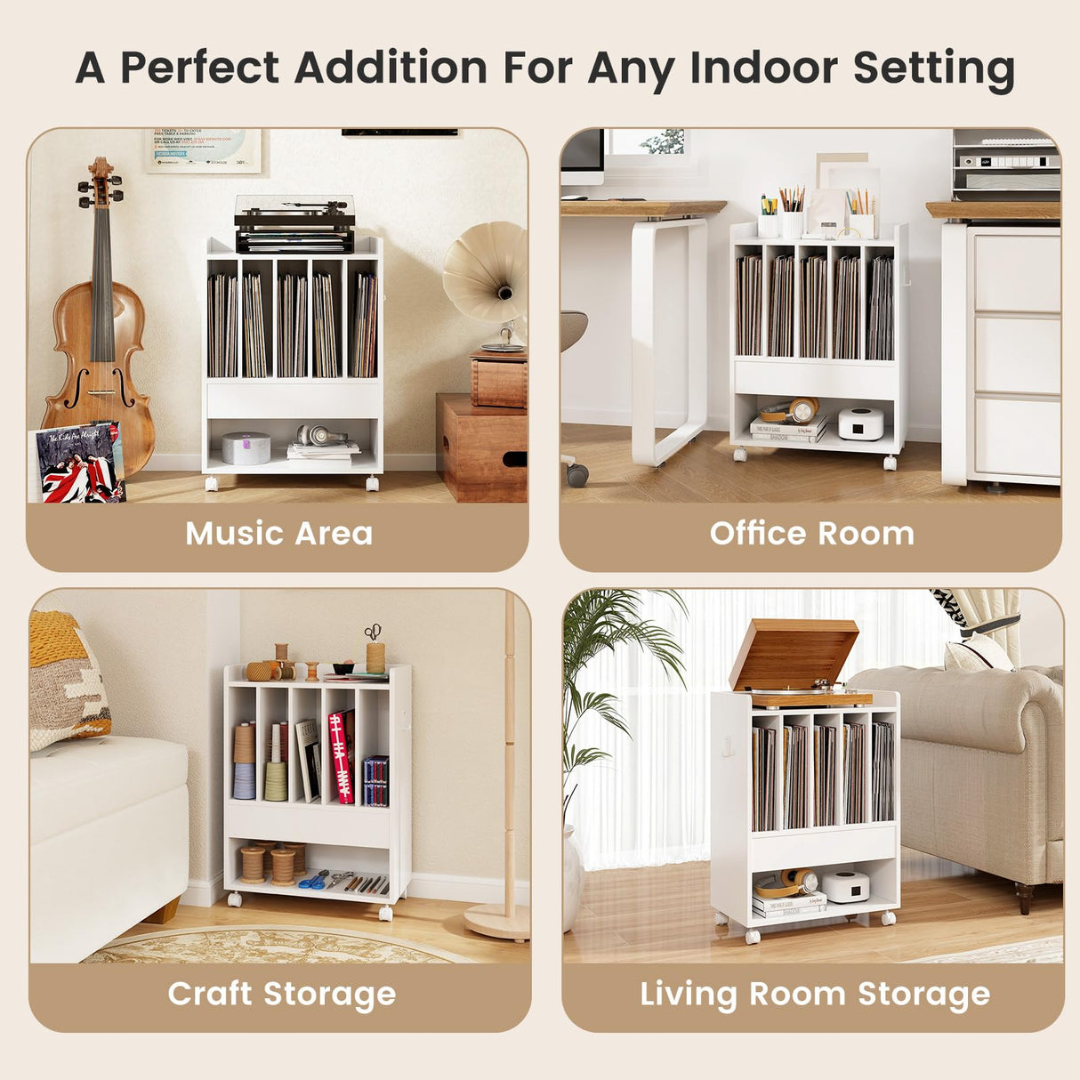 LOKO Record Player Table on Wheels, Turntable Stand with Pull-Out Drawer & Open Shelf, Rolling Storage Cabinet, Vinyl Record Display Rack Holds Up to 180 Albums, for Living Room Bedroom Study (White) LOKO