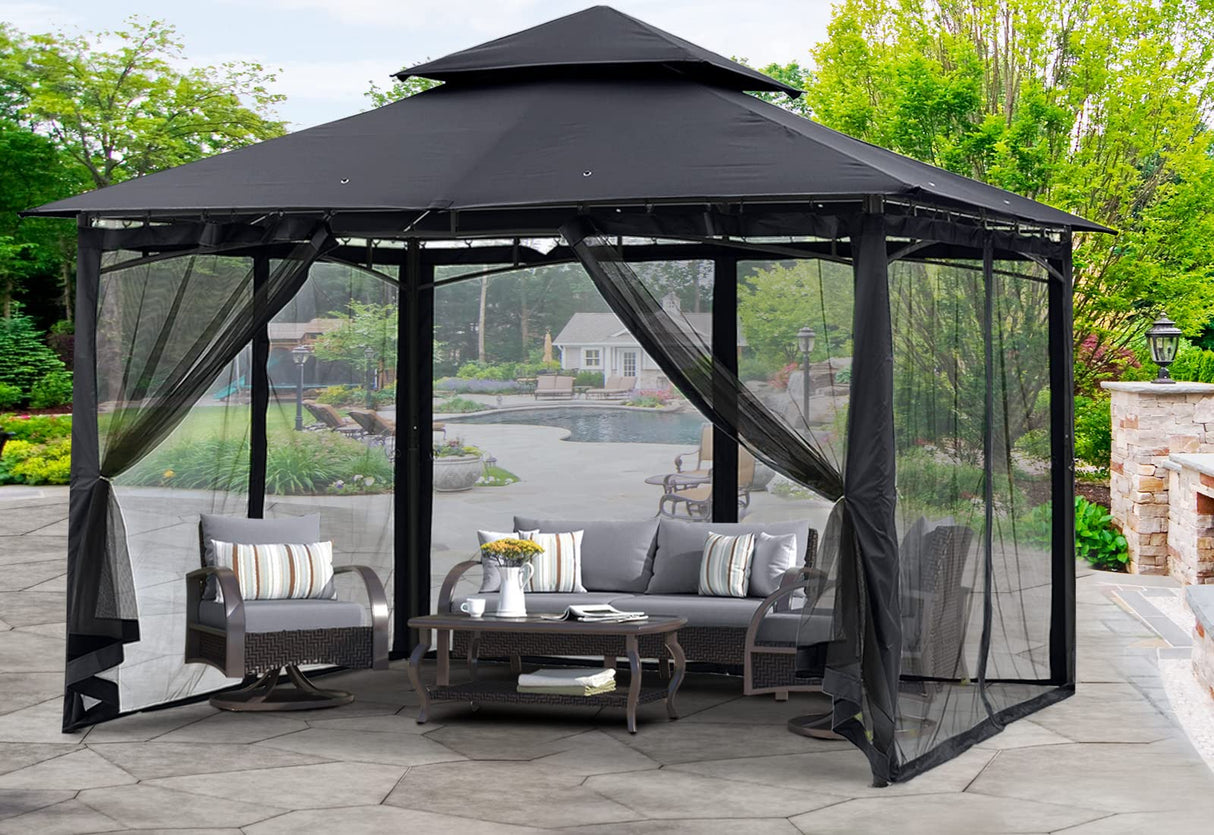 MASTERCANOPY Outdoor Garden Gazebo for Patios with Stable Steel Frame and Netting Walls (10x10,Black) MASTERCANOPY