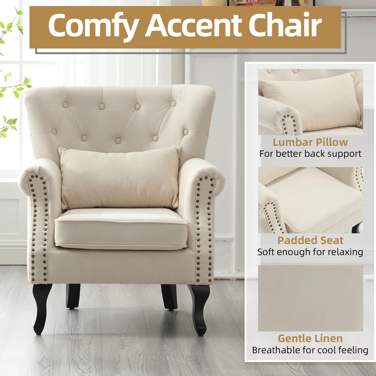 ABET Linen Wingback Chair Set of 2, Upholstered Club Chair for Living Room, Modern Rivet Trim Accent Armchair with Removable Lumbar Pillow, Comfy Single Sofa for Living Reading Room, Beige ABET