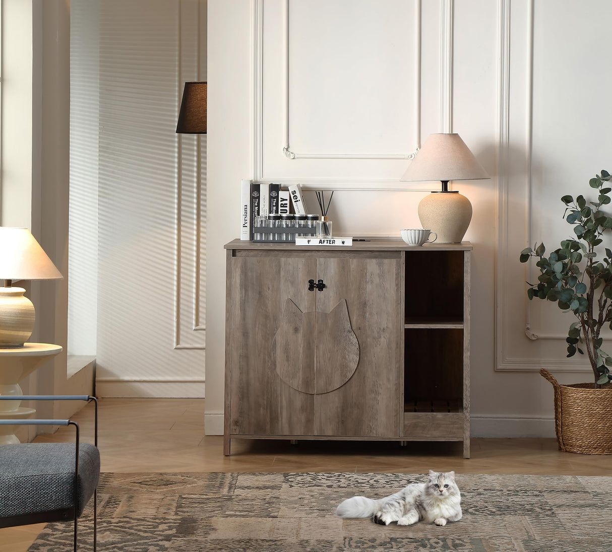 FOREST GRAVITY Cat-Faced Doors Cat Litter Robot Enclosure,Automatic Litter Box Enclosure for Litter Robot 3/4,Power Outlet for Litter Robot Cabinet,Litter Collector,Dog-Proof Adjustable Shelf,Grey FOREST GRAVITY