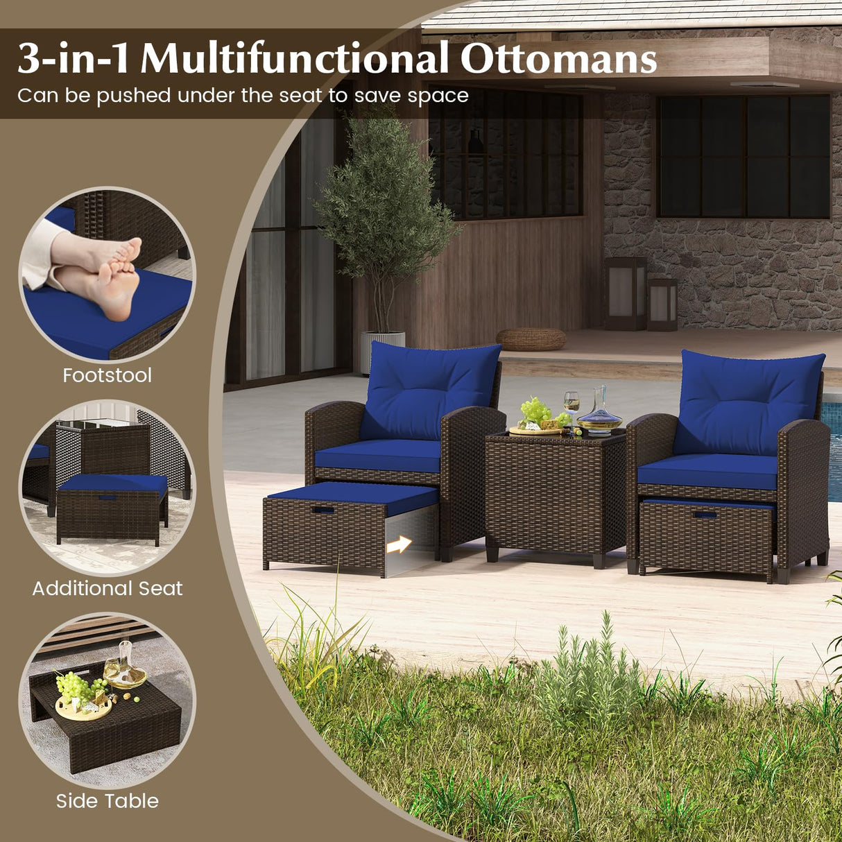 Tangkula 5 Piece Patio Rattan Furniture, Wicker Cushioned Chairs Set w/ 2 Ottomans & Tempered Glass Coffee Table, for Poolside, Backyard, Lawn, Deck (Mix Brown+Navy) Tangkula