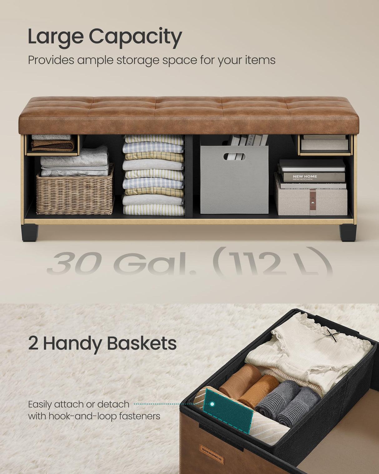 SONGMICS Storage Ottoman, Storage Bench with Legs,15 x 43 x 15.7 Inches, Ottoman Bench, 30 Gal. (112 L), Synthetic Leather, for Living Room, Entryway, Coffee Brown ULSF0514K03 SONGMICS