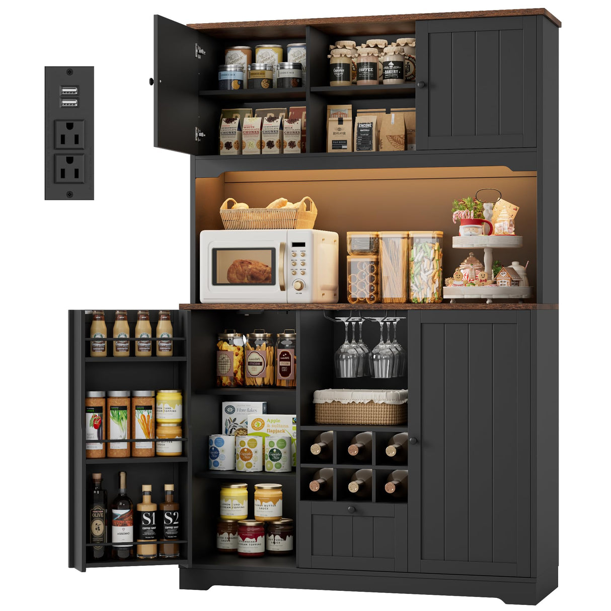 FINETONES 71" Pantry Cabinet with LED Light and Charging Station, Kitchen Pantry Cabinet with Microwave Stand, Kitchen Hutch Food Storage Cabinet with Outlet and Wine Racks, Black FINETONES