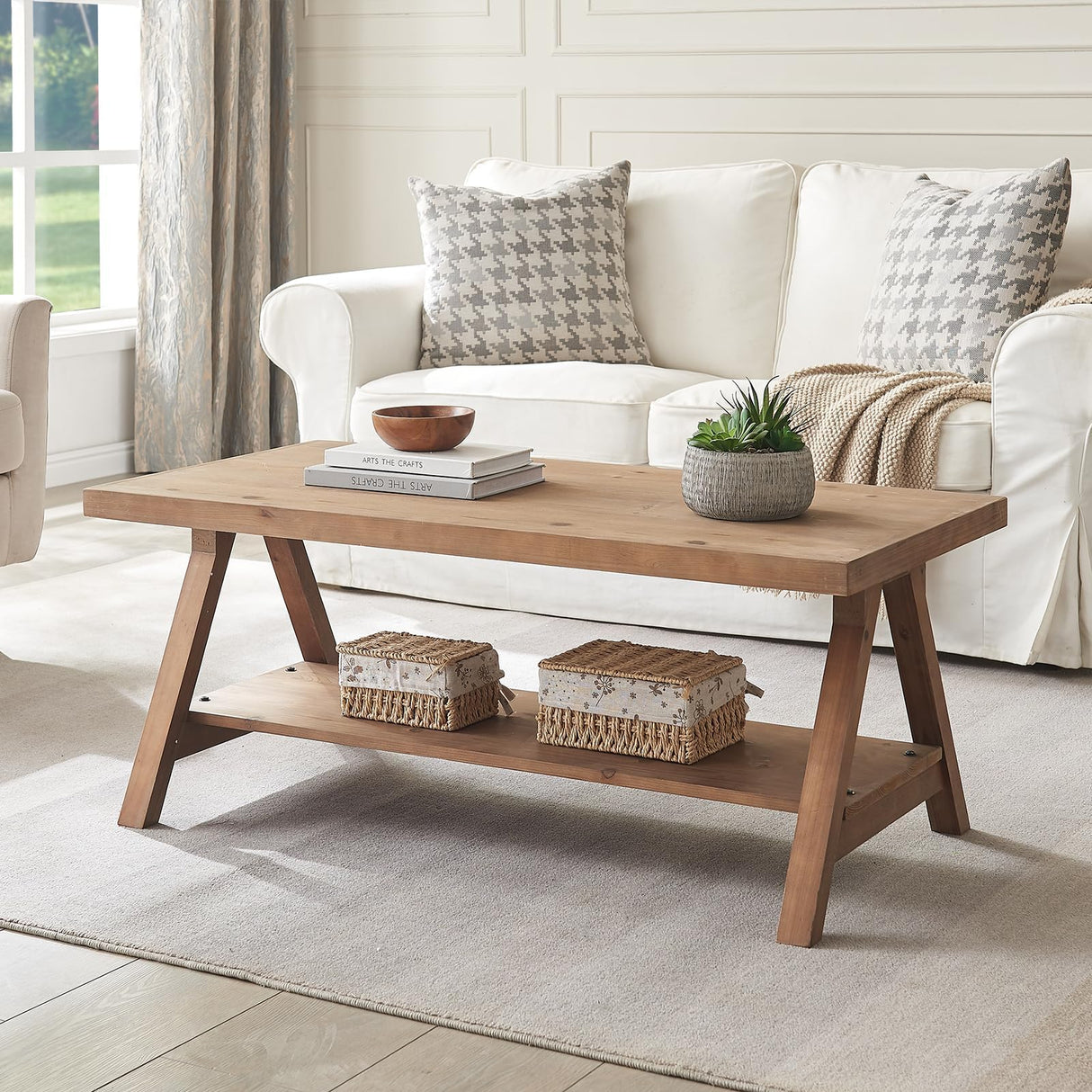 Farmhouse Coffee Table,Solid Wood Center Tables with Storage Shelves & Sturdy A-Shaped Legs, Modern Rustic 2-Tier Rectangular Table for Living Room and Office, Natural WINWY