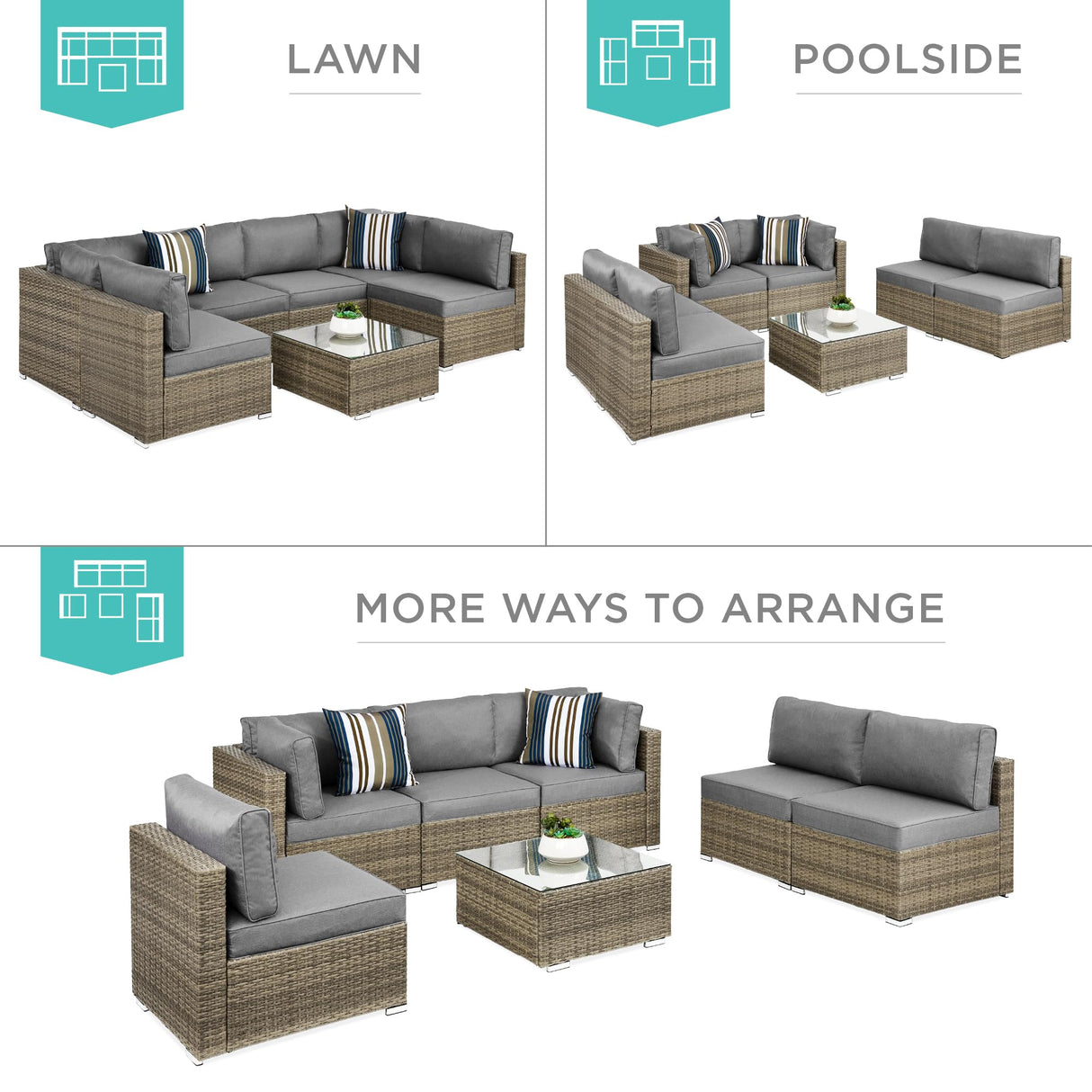 Best Choice Products 7-Piece Modular Outdoor Sectional Wicker Patio Conversation Set w/ 2 Pillows, Coffee Table, Cover Included - Taupe/Cement Gray Best Choice Products