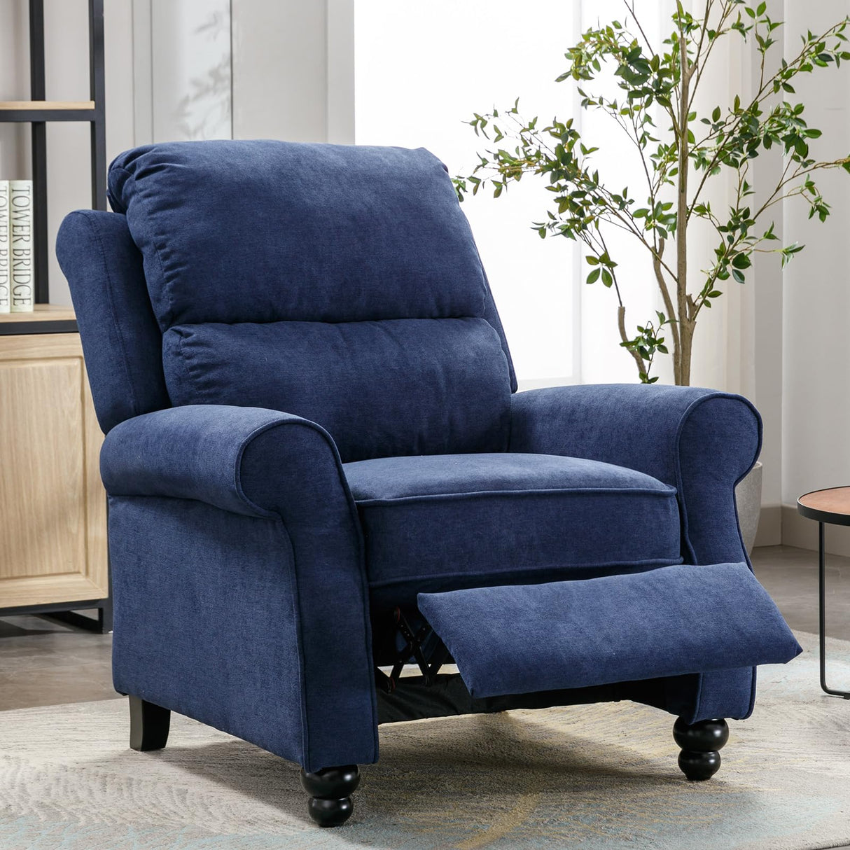 IOMOR Push Back Recliner Chair, Fabric Armchair Overstuffed Pushback Recliner, Heavy Duty Single Sofa Chair with Padded Seat Solid Wood Legs for Living Room (Blue) IOMOR