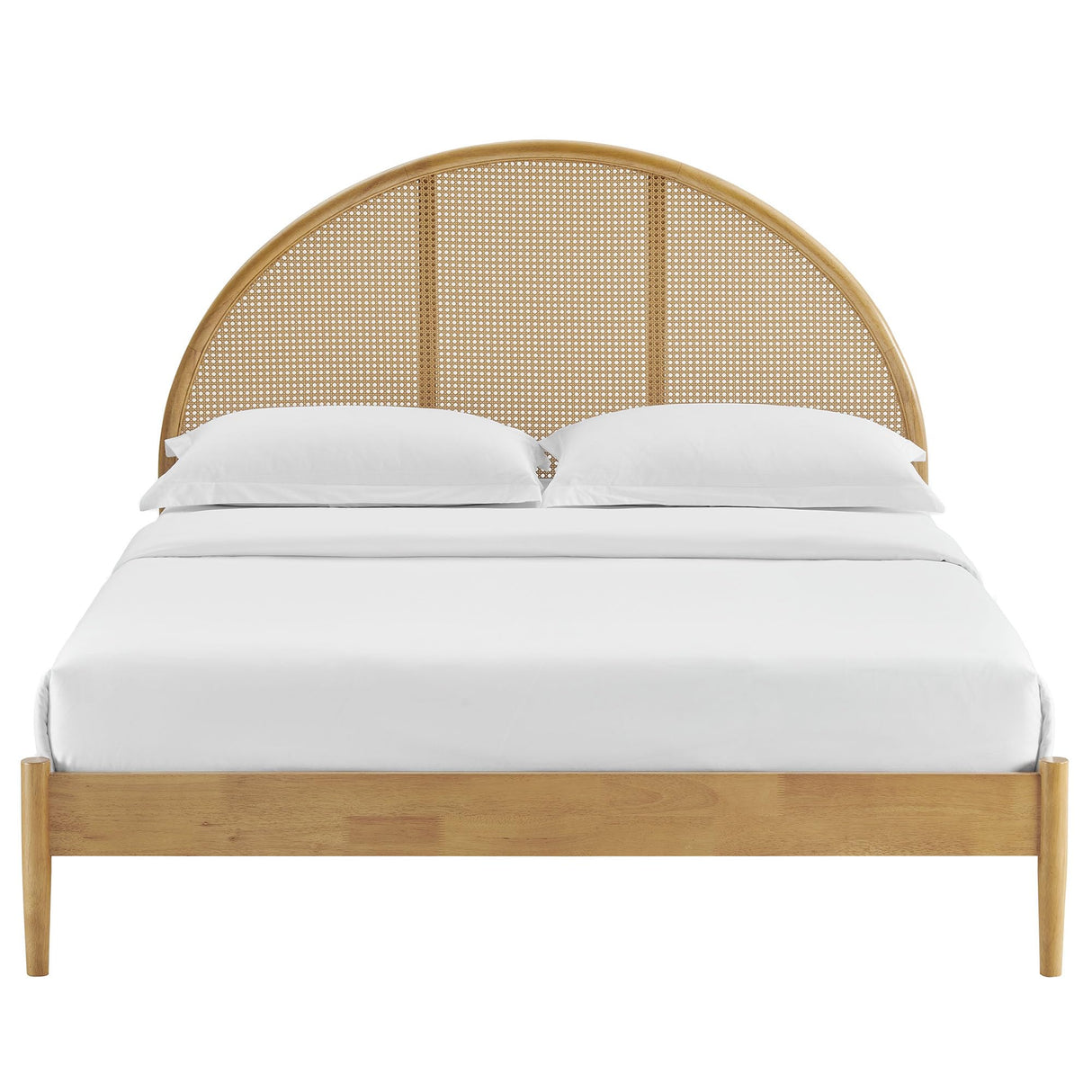 Modway Odette Arched Queen Platform Bed in Oak with Rattan Cane Headboard – Wooden Queen Half Moon Bed Frame – Mid-Century Modern Queen Size Platform Bed Frame Modway