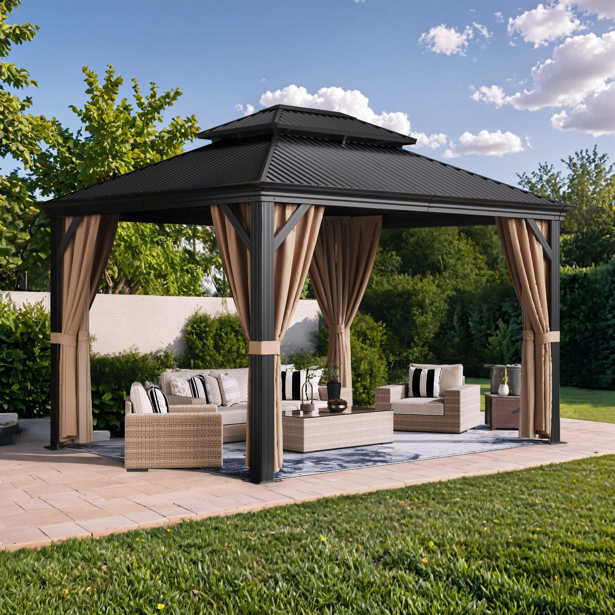 Devoko 10' x12' FT Outdoor Hardtop Gazebo Galvanized Steel Metal Gazebo Aluminum Frame Double Roof Outdoor Gazebo with Nettings and Curtains for Patios, Garden,Yard Devoko