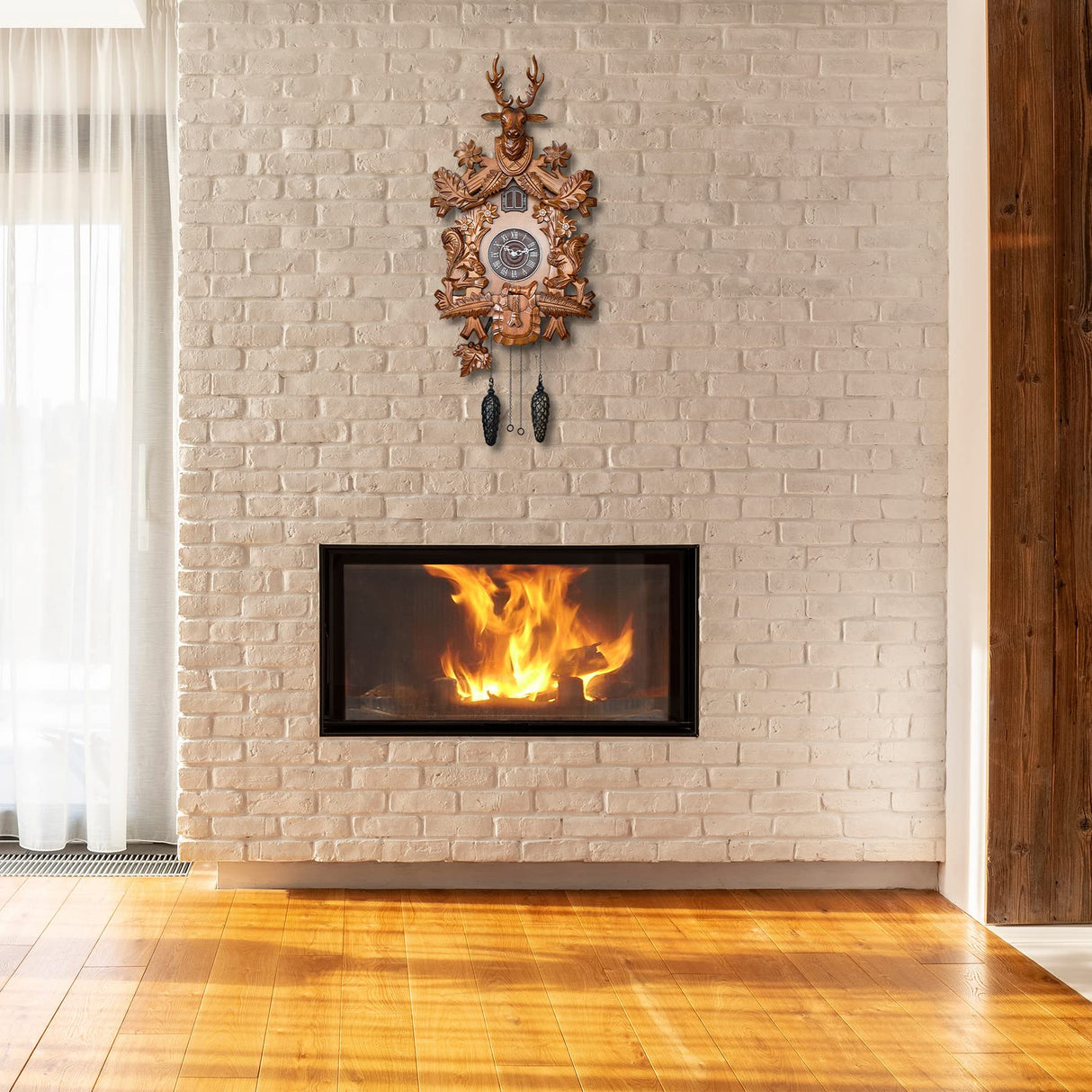 TIMEGEAR Cuckoo Clock with Automatic Night Mode, Hand Carved Deer Head and Wooden Decorations (Brown) TIMEGEAR