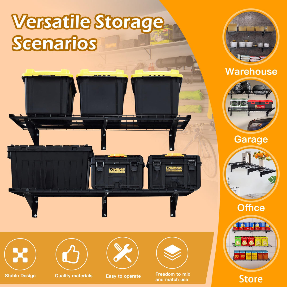 WAREYEASY Garage Wall Shelving, 2-Pack 2 x 4ft Garage Storage Rack,Loads 700 lbs 24-inch-by-48-inch Heavy Duty Wall Shelves,24” x 48” Garage Wall Shelf,Black WAREYEASY