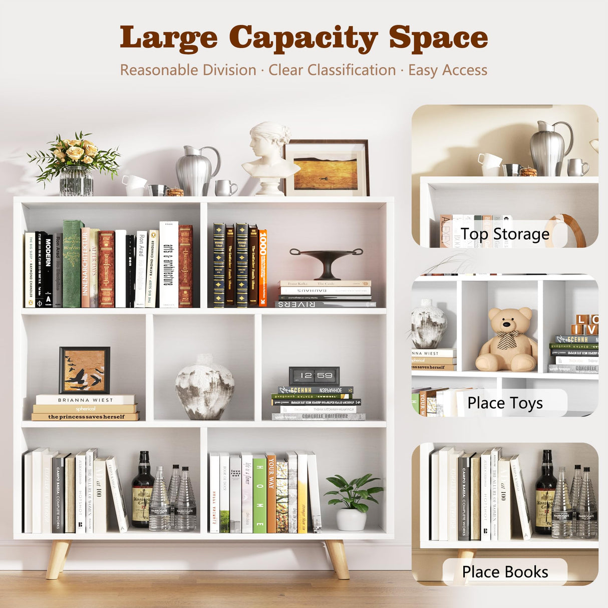 Shintenchi Wooden 7 Cube Bookshelf, 3 Tier Bookcase with Legs, Modern Open Storage Organizer Shelf,Display Cabinet Shelf Free Standing Bookshelves for Bedroom,Living Room,Office,White Shintenchi