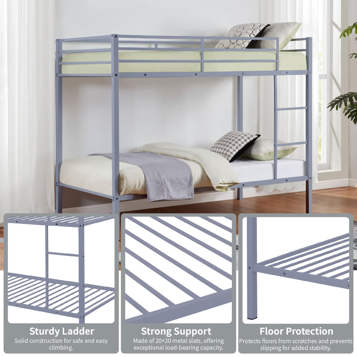 Metal Bunk Bed Twin Over Twin, Low Profile Bunk Bed Frame withBuilt-in Ladder, High Guardrail and Metal Slats, Space-Saving Twin Size Bed Frame for Kids Teens, No Box Spring Required Softa