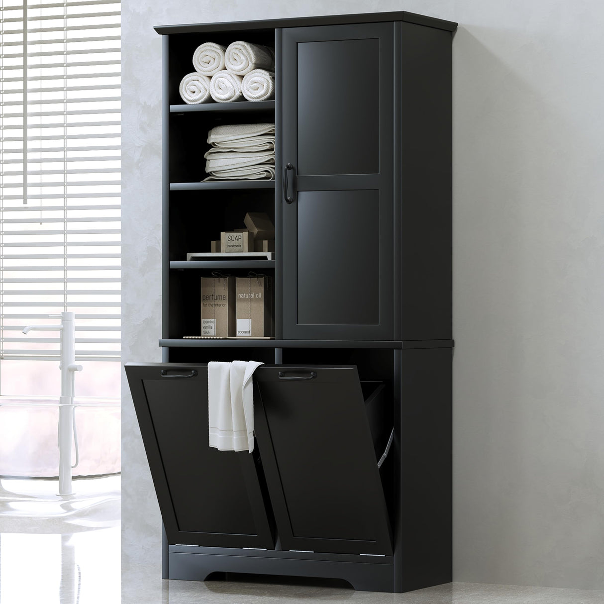 Merax Cabinet with Tilt-Out Laundry Hamper Basket, Tall Bathroom Storage Organizer Linen with Open Shelf for Home, Freestanding, Black Merax