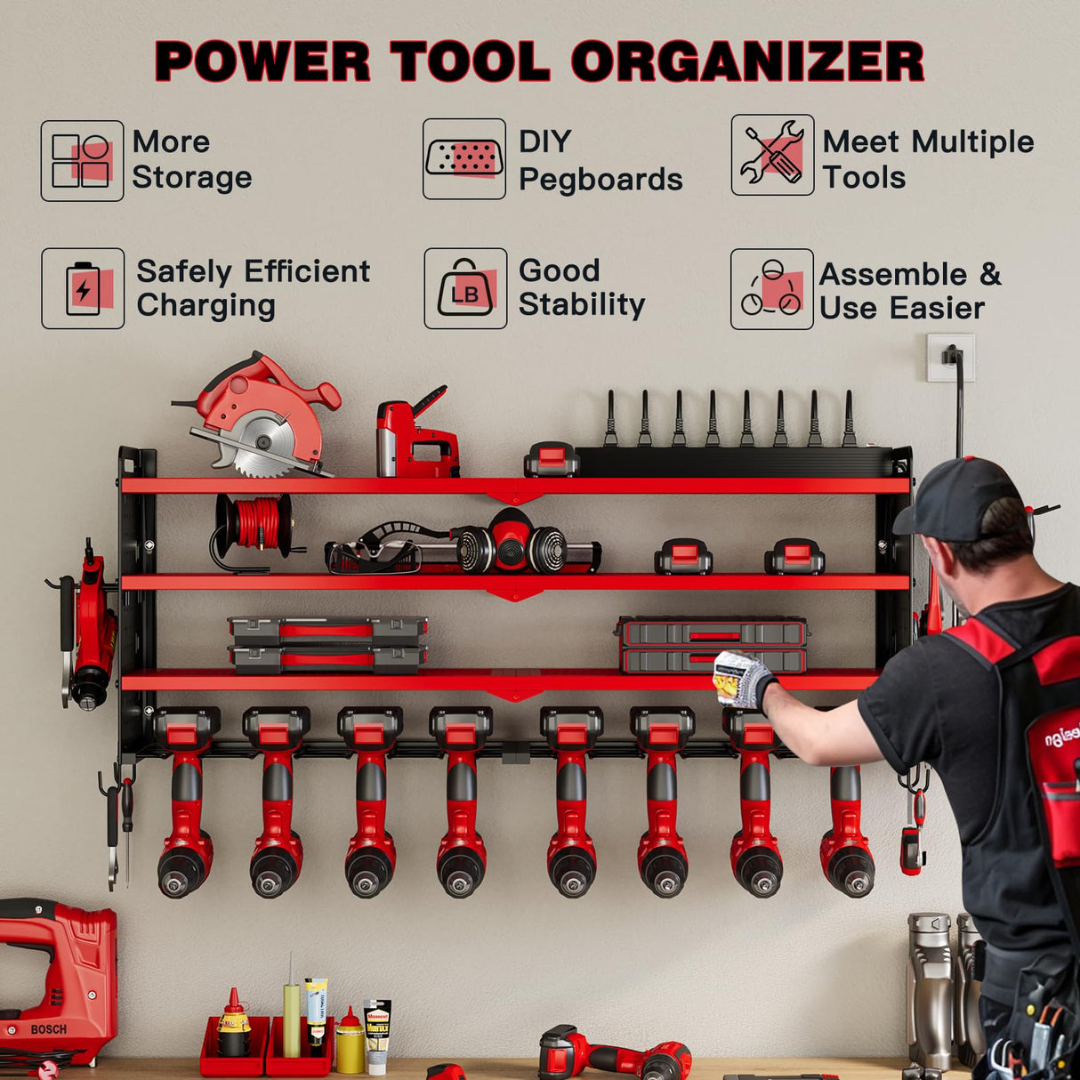 NattyDot Power Tool Organizer Wall Mount with Charging Station,Cordless Tool Organizer 8 Drill Holder, 4 Layer Storage Rack for Garage Organization,Tool Holder with 8 Outlet Power Strip (Red) NattyDot
