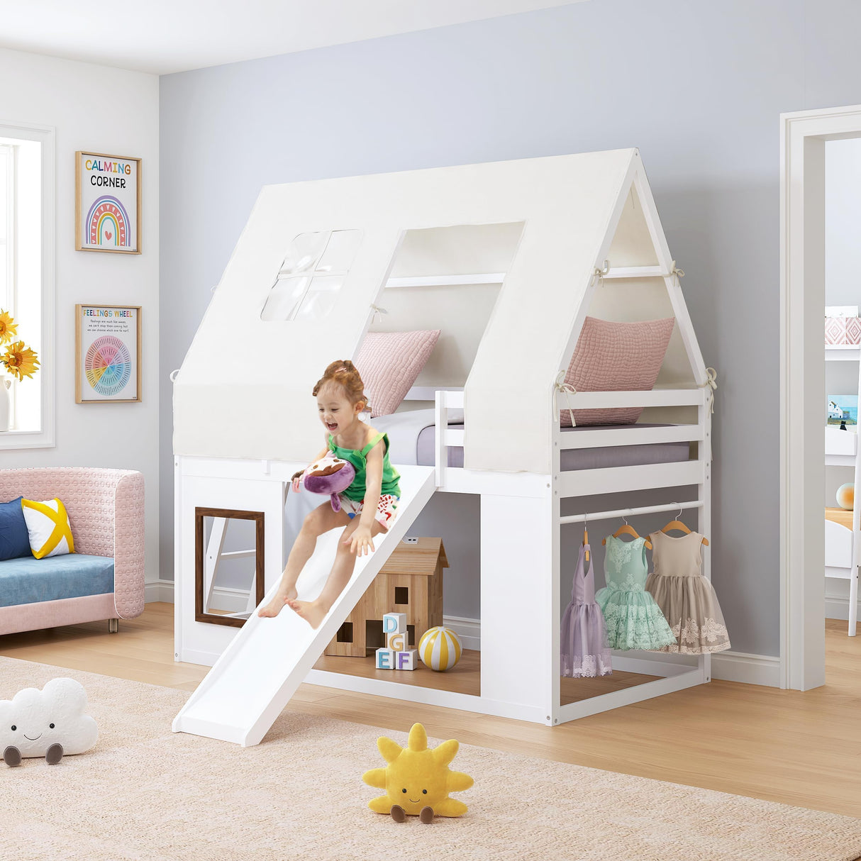 Spirich Kids Bunk Bed with Slide and Ladder, House Bed for Kids with Bed Tent, Playhouse Style Wooden Twin Loft Bed Frames with Roof, Windows, White Spirich