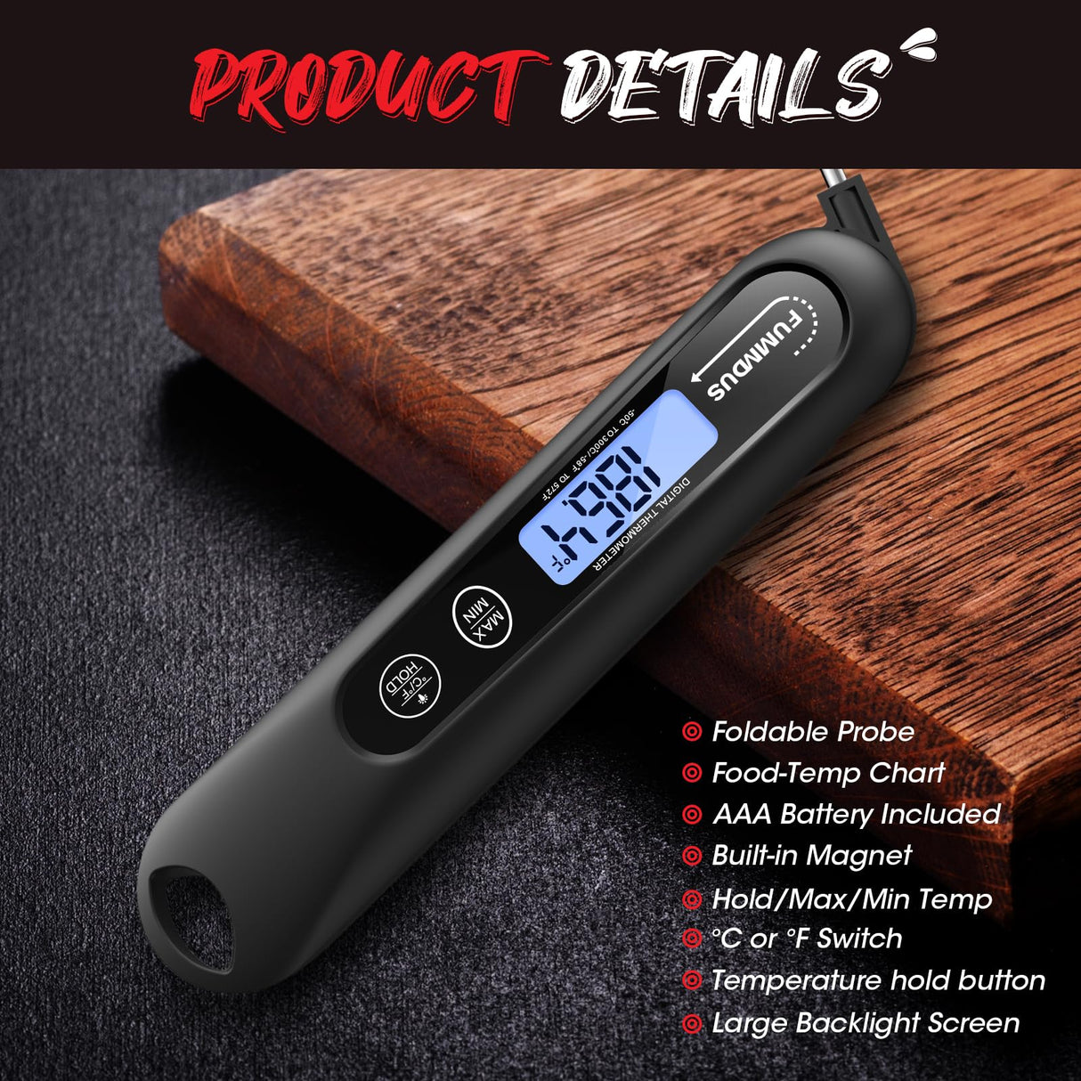 FUMMDUS Meat Thermometer Digital, 3S Instant Read Food Thermometer for Cooking with Backlight & Magnet, Foldable Temperature Probe Kitchen Gadgets Essentials for BBQ Oven Grill Smoker Candy FUMMDUS