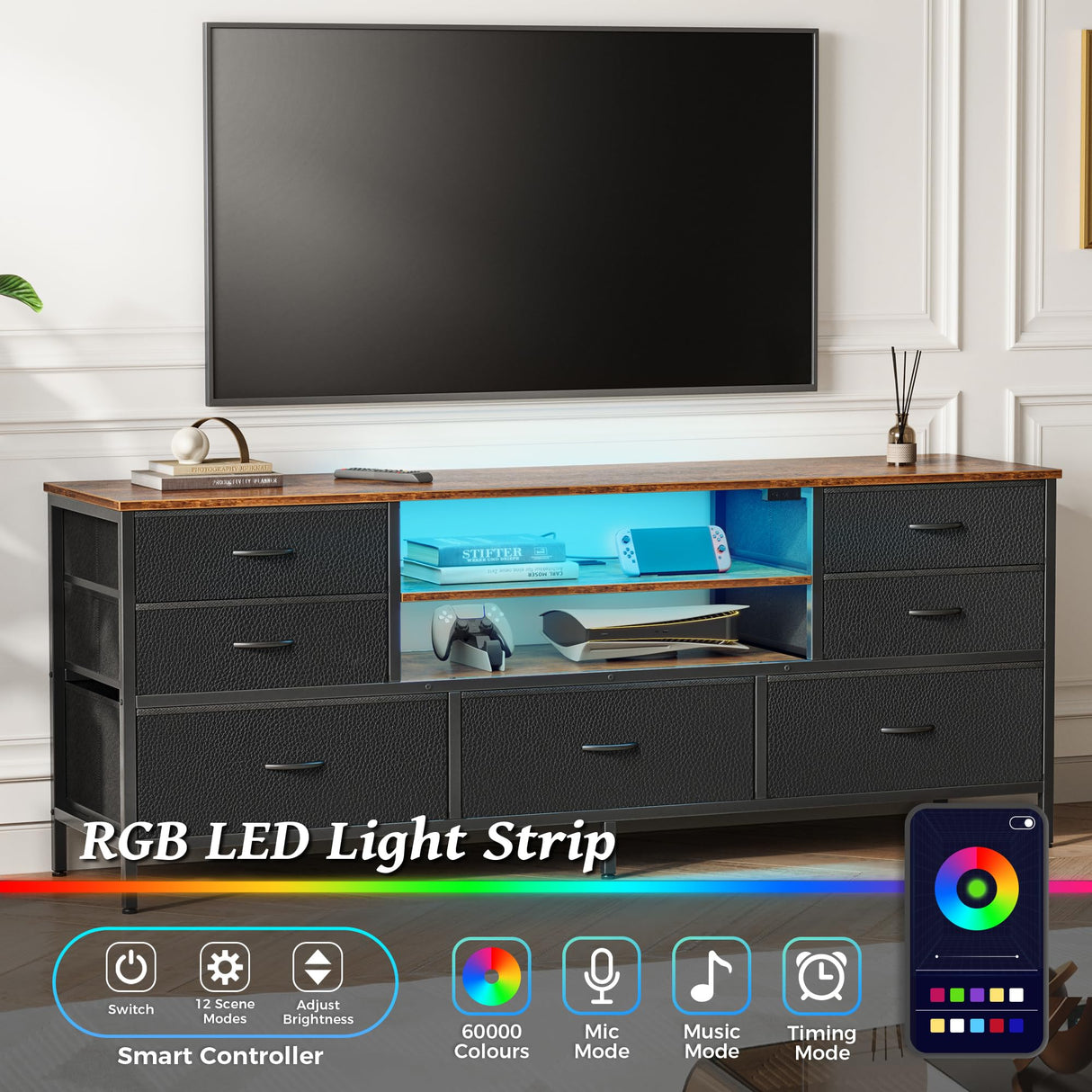 Huuger TV Stand Dresser with Power Outlets and LED Lights, 7 Drawers Entertainment Center for 60 Inch TV, TV Console with Open Shelf, 55 Inches Wide Fabric Dresser, PU Leather, Rustic Brown and Black Huuger