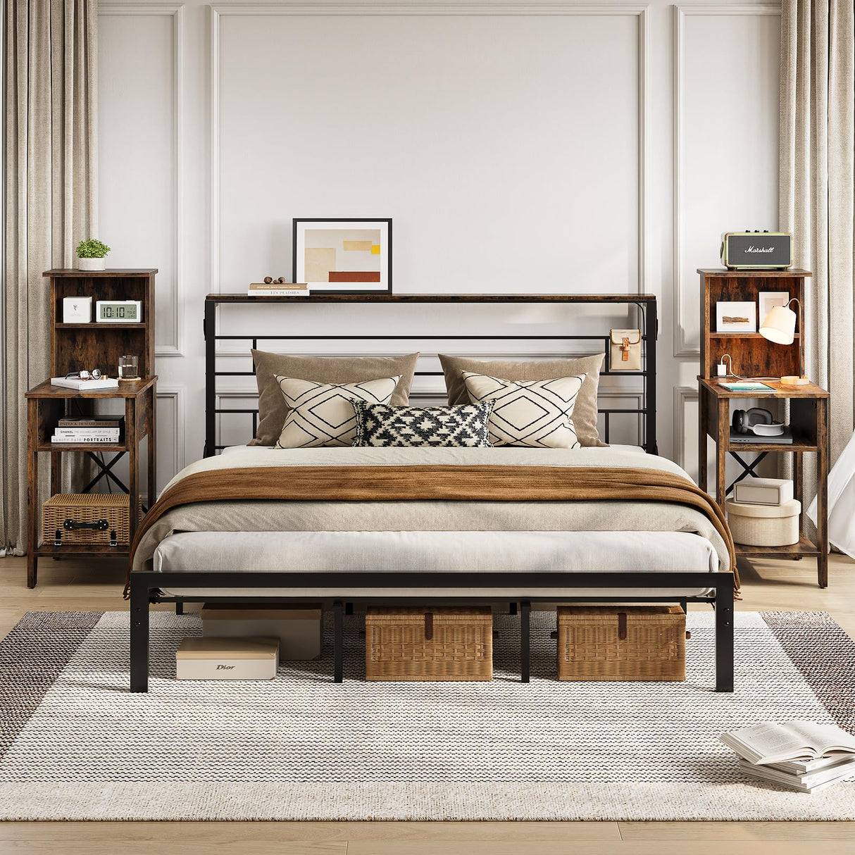 Bestier Rustic Farmhouse Bedside Tables - Tall Nightstands With Charging Ports, Set of 2, Brown Bestier