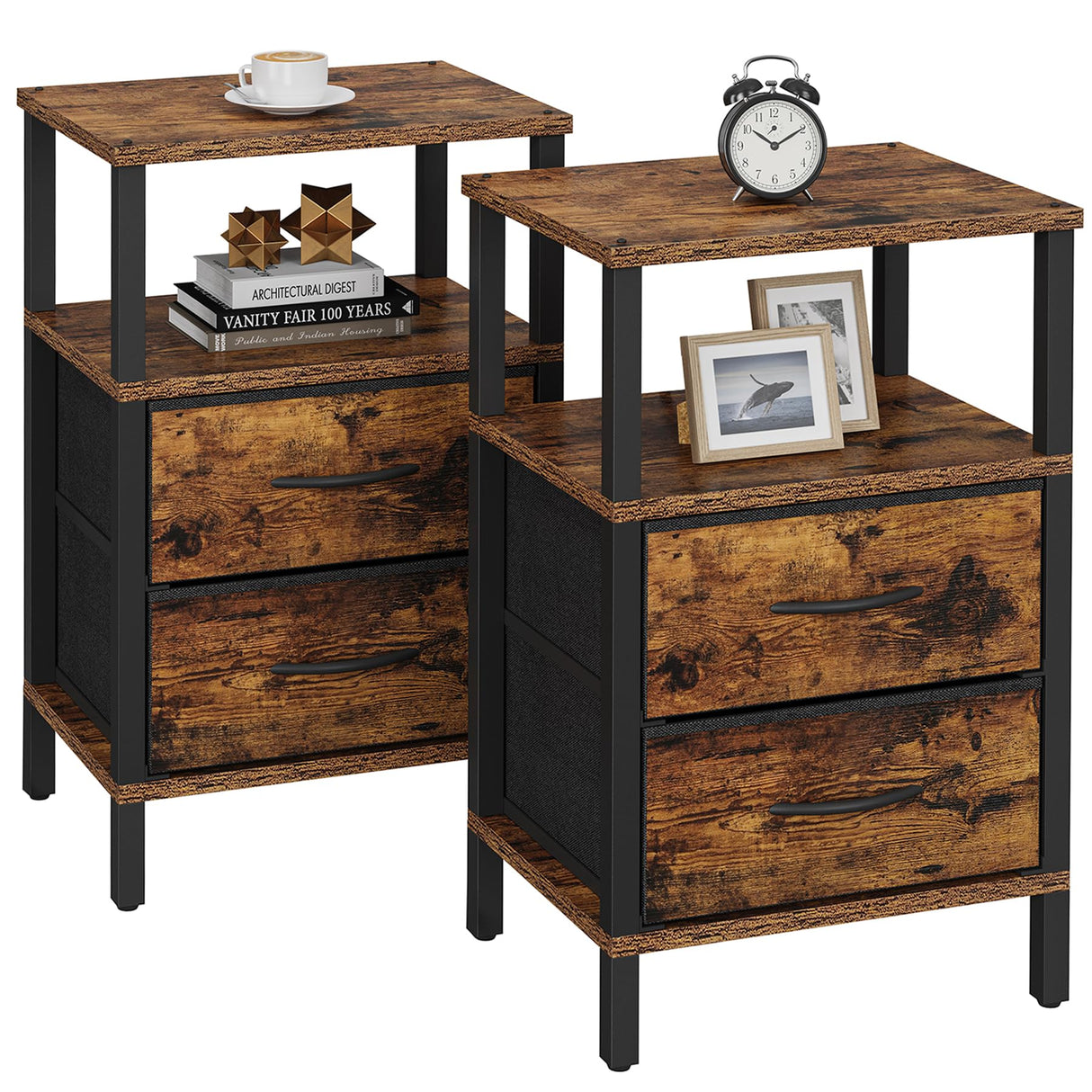 TUTOTAK End Table, Couch Side Table, Nightstand with Cloth Drawer, Set of 2, Bedside Table, Brown TB01BB066 TUTOTAK