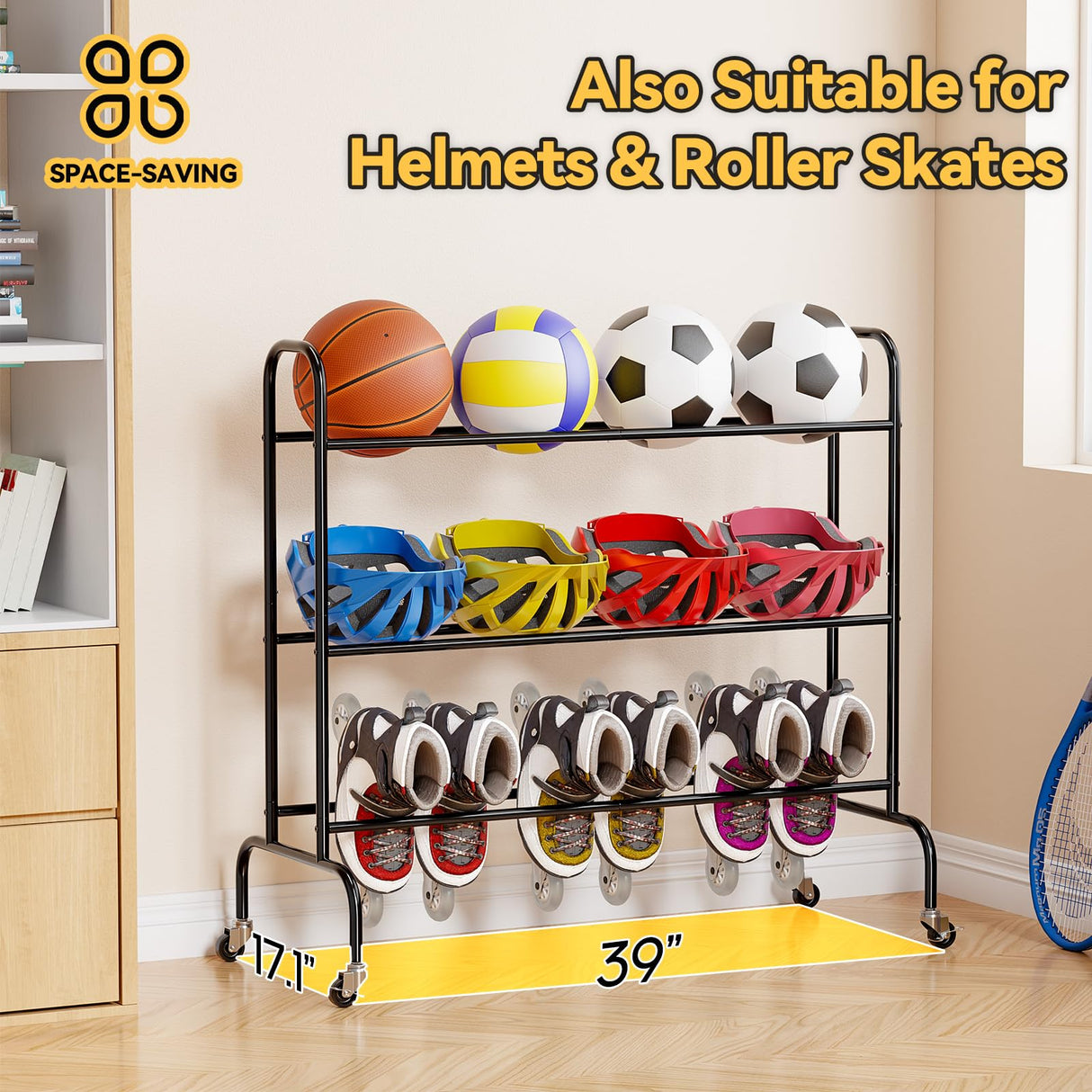 SUFAUY Sports Equipment Organizer, Garage Basketball Rack, Gear & Ball Storage Rack, Outdoor and Indoor Rolling Balls Cart with Wheels SUFAUY