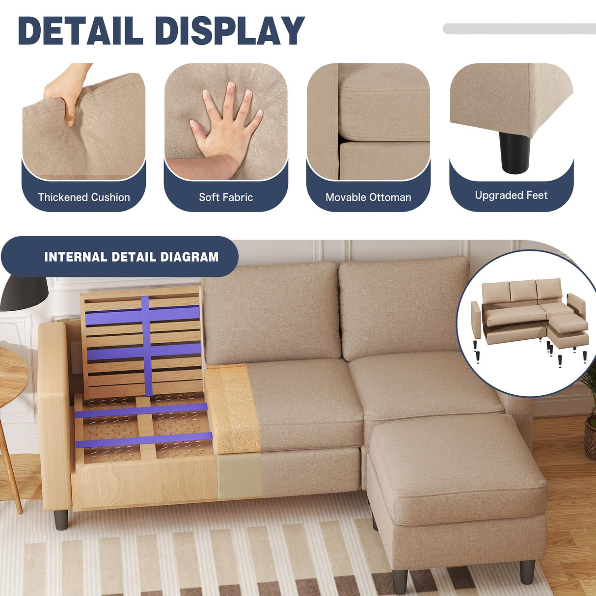 Shintenchi Small Sectional Sofa Couch,3 Seat L Shape Sofas with Ottoman,Upholstered Fabric Convertible Sofa Couches,Small Couches for Apartments, Living Room and Office (Beige) Shintenchi