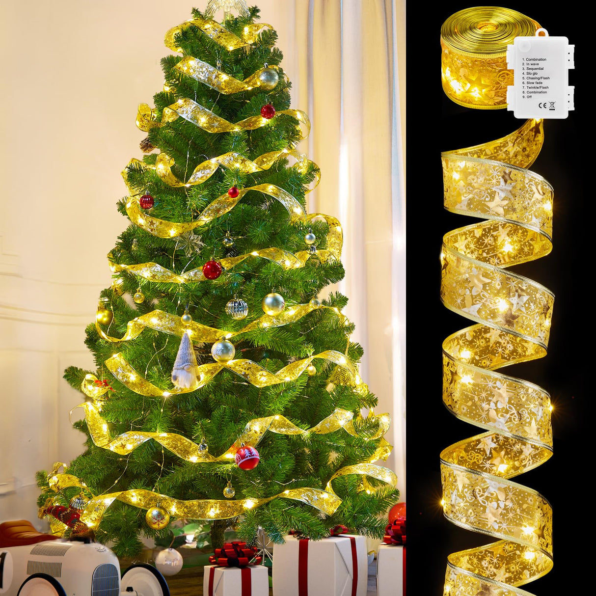 Minetom Christmas Tree Ribbon String Lights - 33ft 100 LED Battery Powered Fairy Lights with Timer and 8 Lighting Modes, Christmas Ribbon Bows Lights for 6ft - 8ft Christmas Tree New Year Decor, Gold Minetom