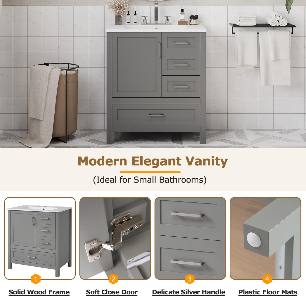 Mirightone 30" Bathroom Vanity with Sink, Bathroom Vanities 30 Inch with Sink, 30" Vanity with Sink for Bathroom, Soft Close Door, 3 Soft Close Drawers and Removable Tray (Grey) Mirightone