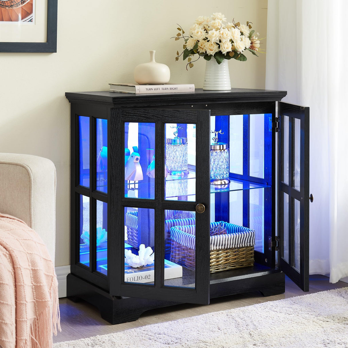 CKEASEAN 32" H LED Accent Curio Cabinet with 7 Color Lights for Collectibles, Modern Storage Cabinet with Tempered Glass Doors, Sideboard Buffet Case with Smartphone-Controlled Lights (Black) CKEASEAN