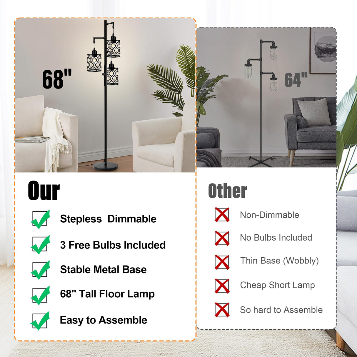 ROTTOGOON Dimmable Farmhouse Floor Lamp, Industrial Floor Lamp for Living Room with 3 X 6W LED Bulbs, 3 Light Rustic Standing Tall Lamp for Bedroom, Office, 68" ROTTOGOON