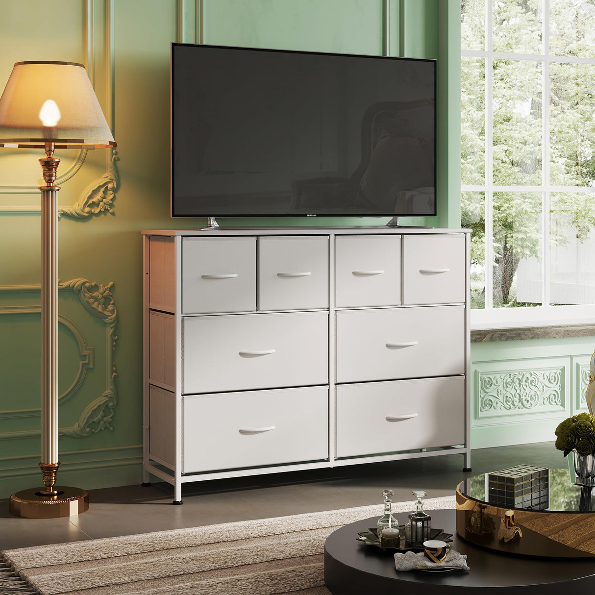 WLIVE Dresser for Bedroom with 8 Drawers, Wide Fabric Dresser for Storage and Organization, Bedroom Dresser, Chest of Drawers for Living Room, Closet, Hallway, White WLIVE