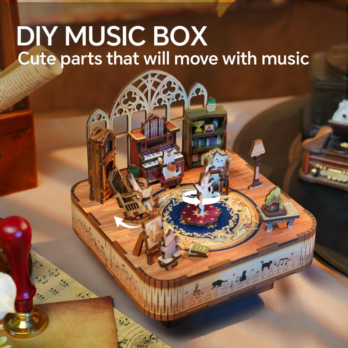 Tonecheer Wooden Music Box Puzzle for Adults,DIY Rotating Music Box Kit 3D Creative Musical Puzzle Crafts Model Building Kits Desk Decor for Teens Kids Birthday Gift (Cats Family) Tonecheer