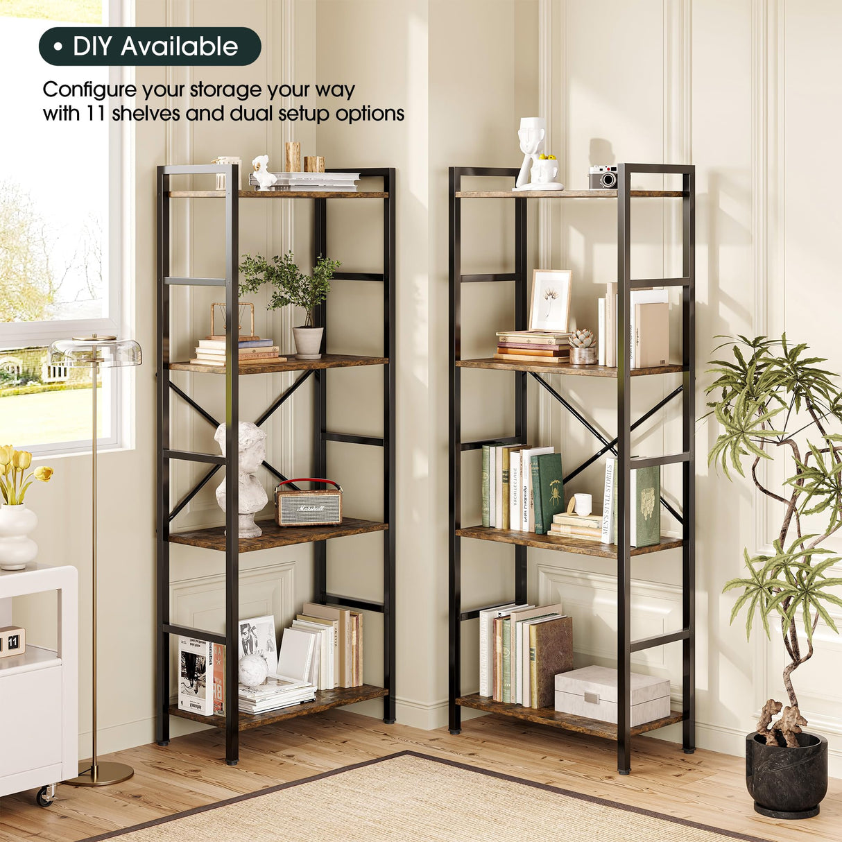 GRUSIGN Triple 4 Tier Book Shelf, Modern Bookcase Shelf, Freestanding Large Display Shelves for Living Room/Office/Garage, Stable Large Bookshelf with Storage for Books/Lego/Plants, Rustic Brown GRUSIGN