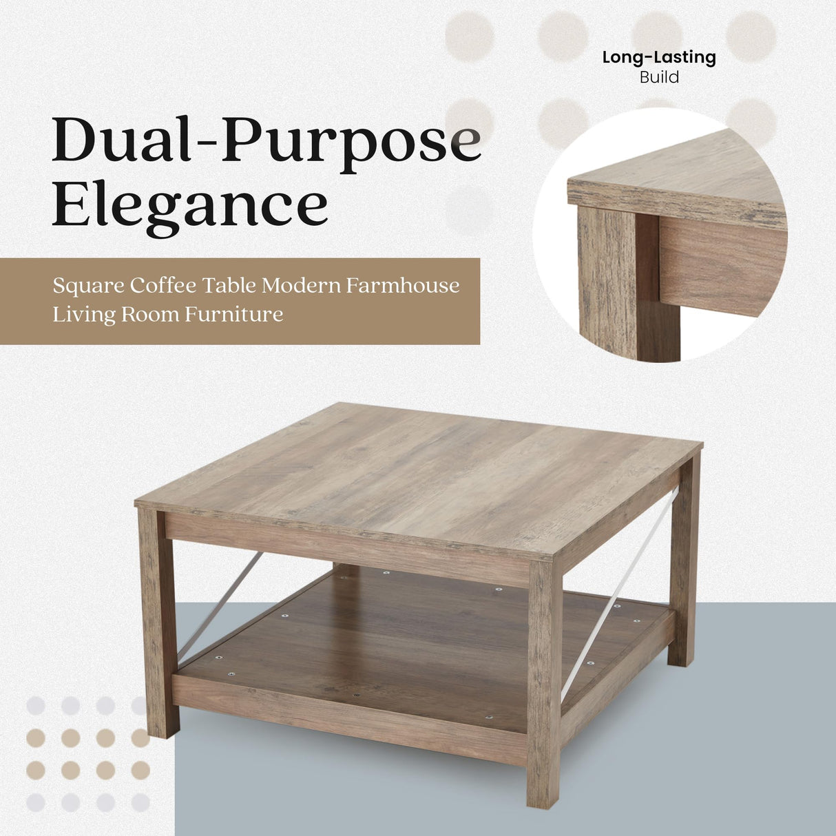 JOMEED 31.5 Inch Square Coffee Table with Bottom Storage Shelf, Modern Farmhouse Style Living Room Office Accent Table Furniture, Beige JOMEED