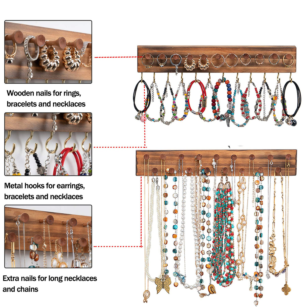 QILICHZ 3Pcs Jewelry Organizers and Storage,Wood Hanging Jewelry Organizer,Rustic Wall Jewellery Organizer,Wall Mounted Earring Holder Organizers for Storage Display Gift (Brown+Black) QILICHZ