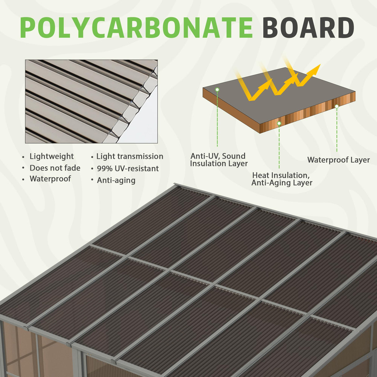 EROMMY 10' x 12' Sunroom, Wall Mounted Gazebo Solarium with Aluminum Frame, Polycarbonate Roof, Permanent Sun Room with Sliding Doors, Lockable PC Screen Walls, Lean to Gazebo for Garden, Patio, Deck EROMMY