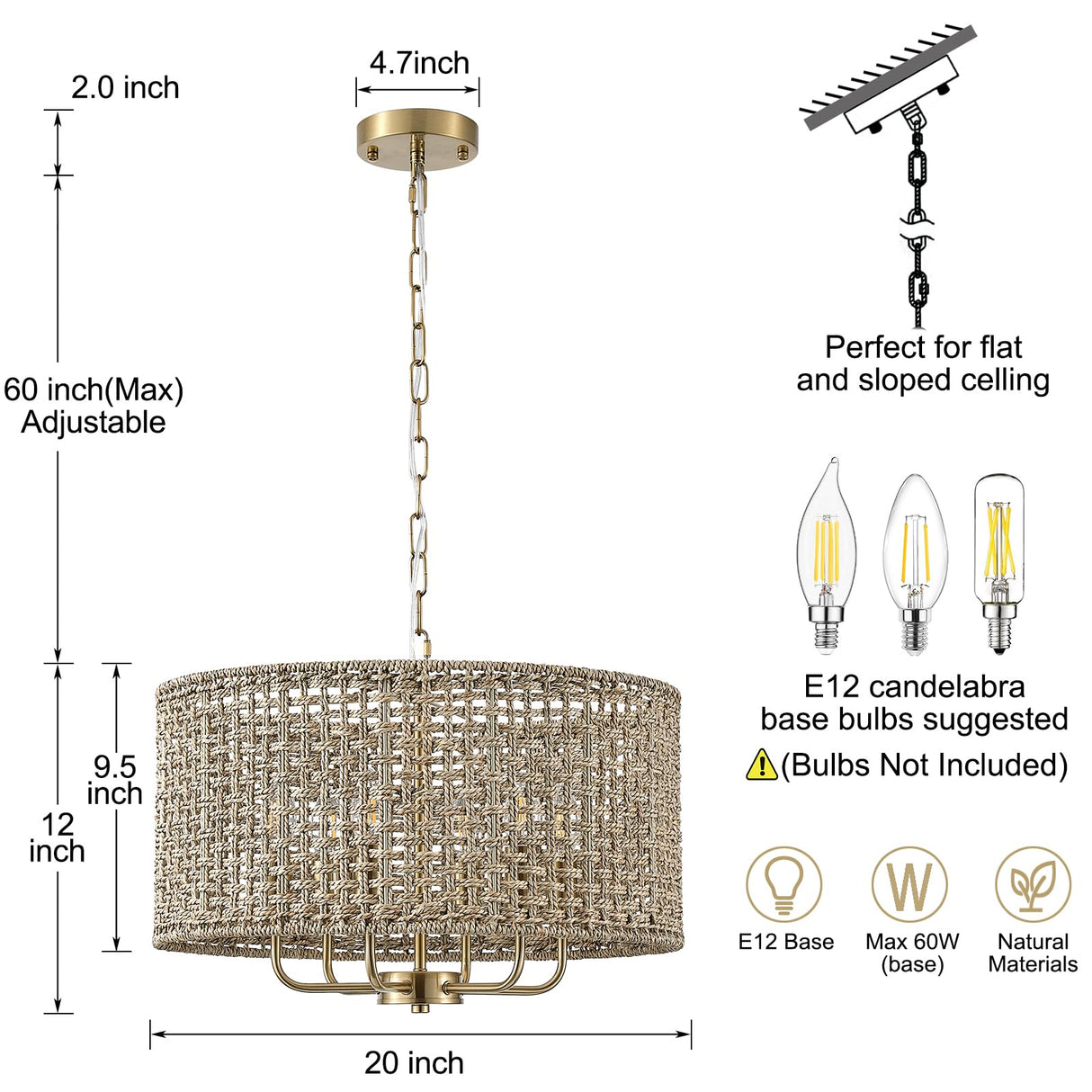 Giutna 20" Rattan Hand-Woven Boho Chandelier for Dining Room, 6-Light Rattan Drum Wicker Farmhouse Chandelier Large Vintage Chandelier Pendant Light Fixture for Kitchen Island Entryway(Gold) Giutna